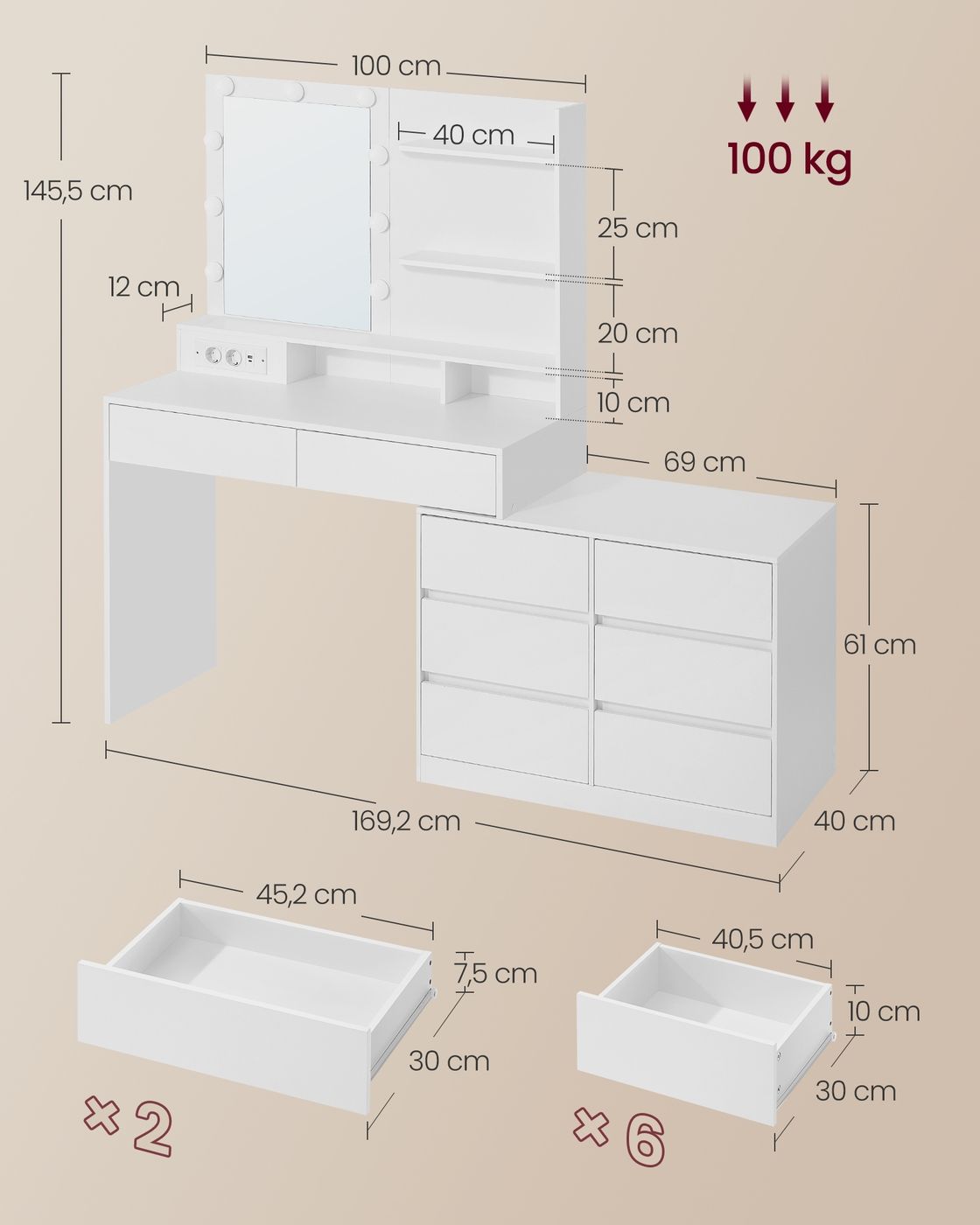 Kailyn Kollektion - Schminktisch mit Spiegel und LED-Beleuchtung Kailyn Kollektion - Schminktisch mit Spiegel und LED-Beleuchtung