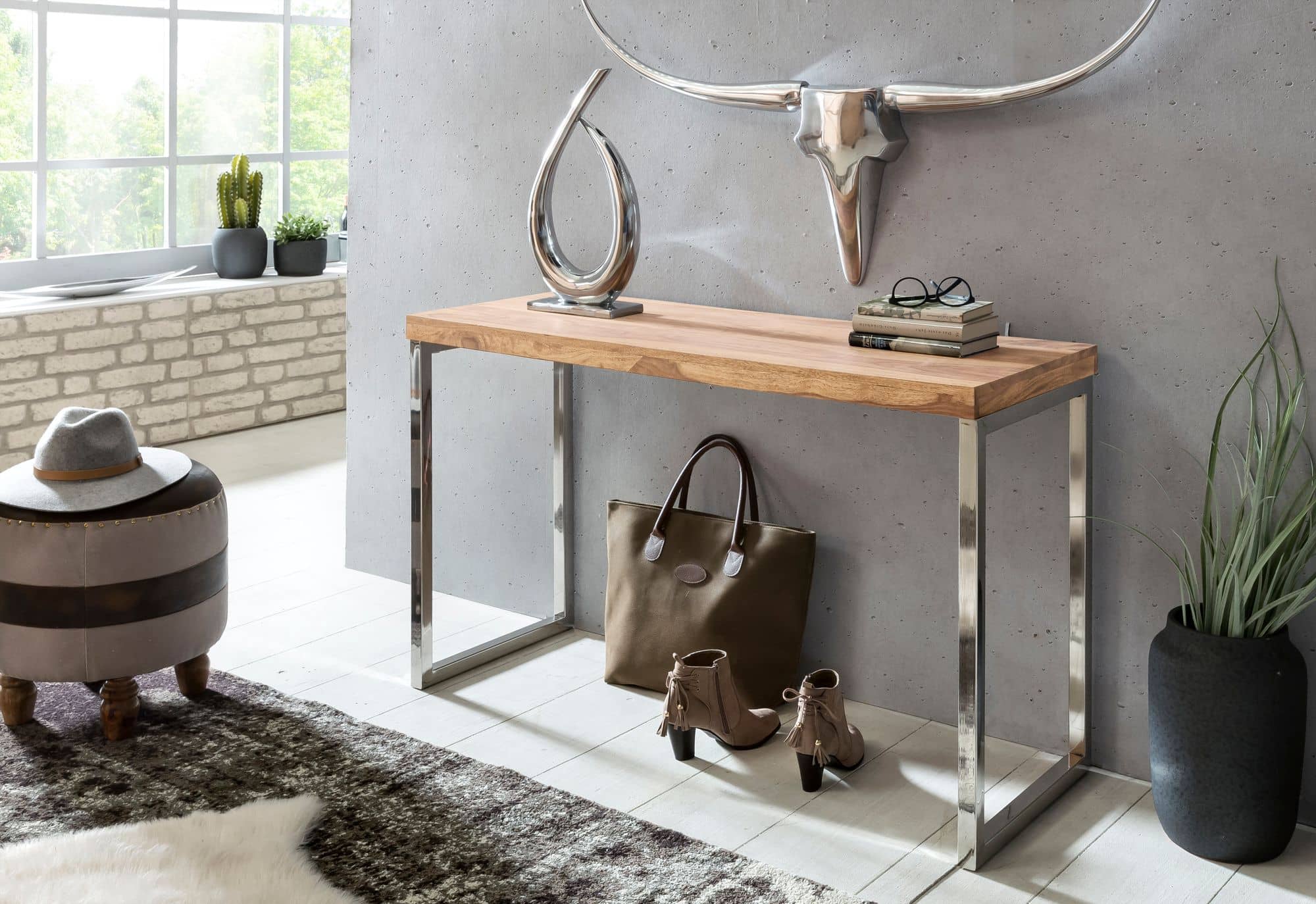 38395-WOHNLING-Konsolentisch-GUNA-Massivholz-Akaz_1 Konsolentisch GUNA Massivholz Akazie Konsole mit Metallbeinen Schreibtisch 120 x 45 cm Landhaus-Stil Sideboard
