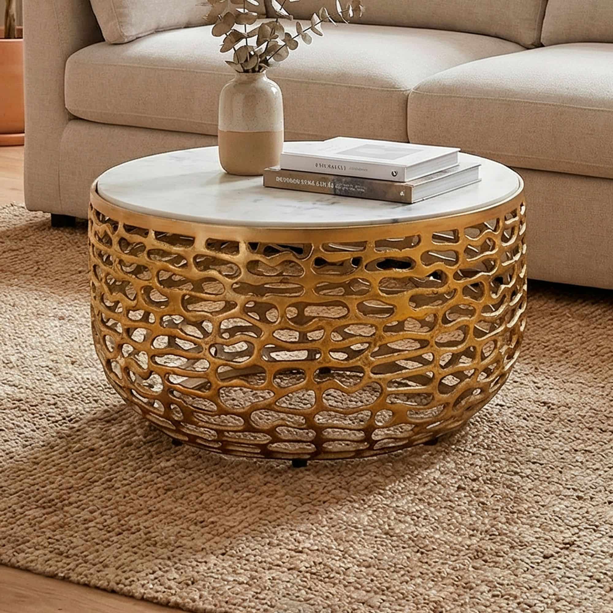 Design Metall Couchtisch Gold mit weißer Marmor Tischplatte 60 cm rund - Aluminium Wohnzimmertisch Modern - Loungetisch Alu Beistelltisch Wohnzimmer Handmade