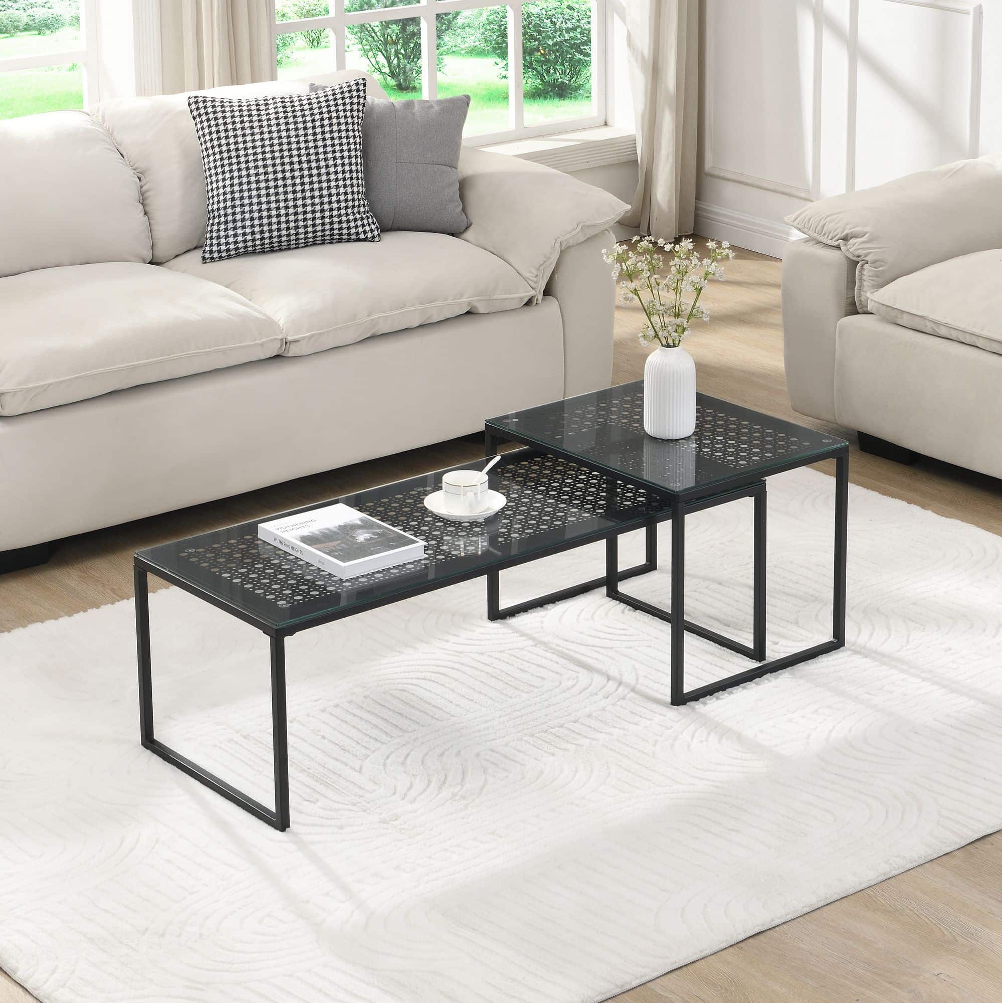 Satztisch Glas Metall 2er Set Modern Couchtisch Schwarz Satztisch Glas Metall 2er Set Modern Couchtisch Schwarz