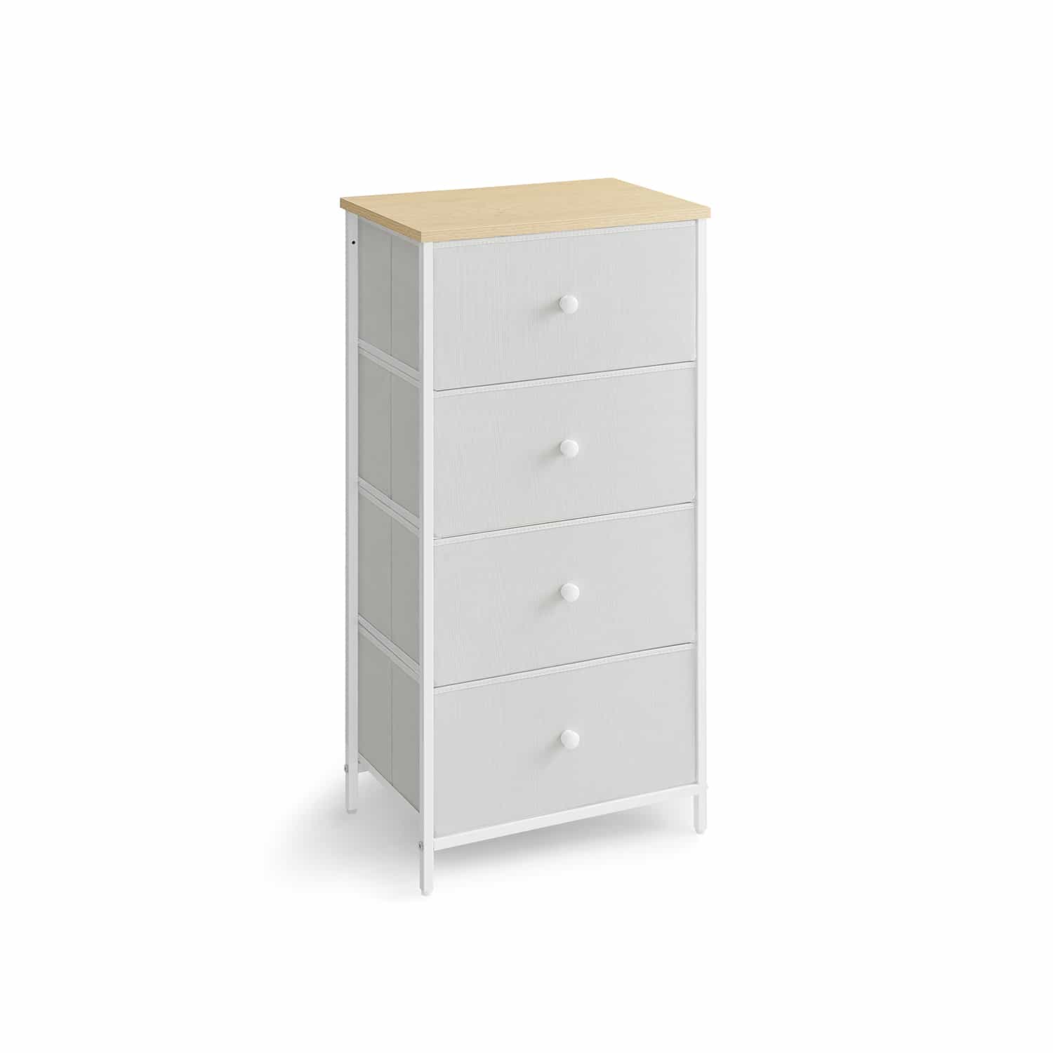 Kommode mit 4 Stoff-Schubladen und Metallrahmen weiß-eichenfarben