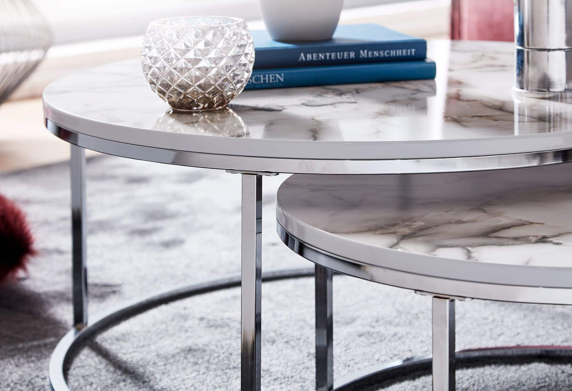 64466-Wohnling-2er-Set-Couchtisch-Chrom-Marmor-Optik-WL6-509-WL6-509_3 Couchtisch 2er Set Weiß Silber Marmor Optik Sofatisch Rund Modern