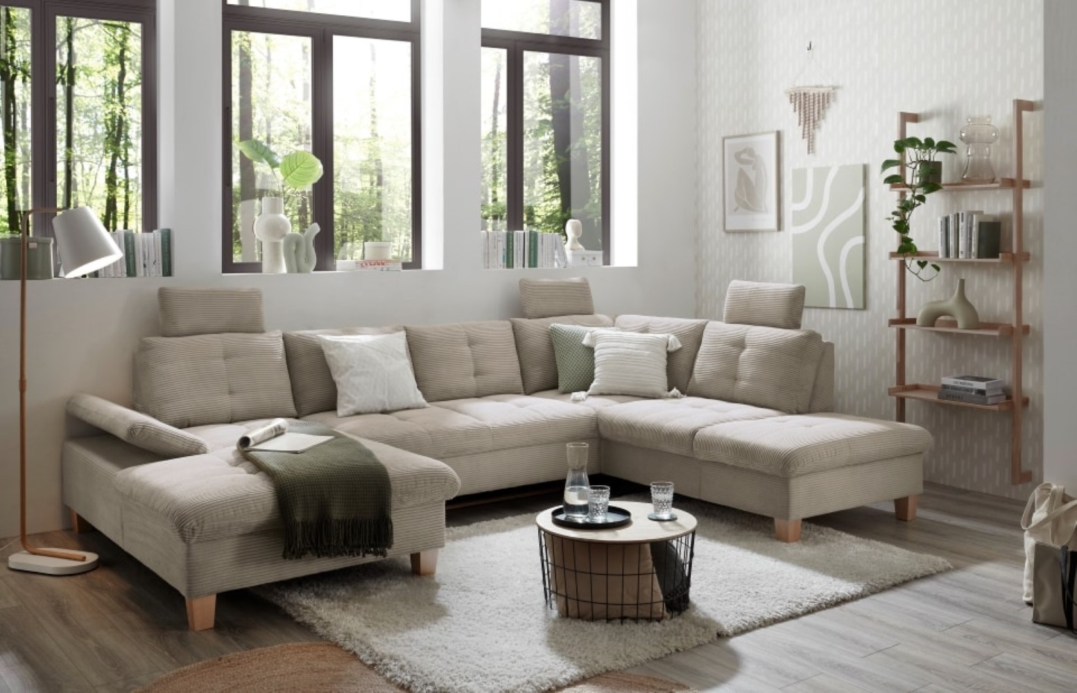 Wohnlandschaft "Ascot" von Ed Exciting Design in Breitcord mit Schlaffunktion, Bettkasten und variabler Kopfstütze