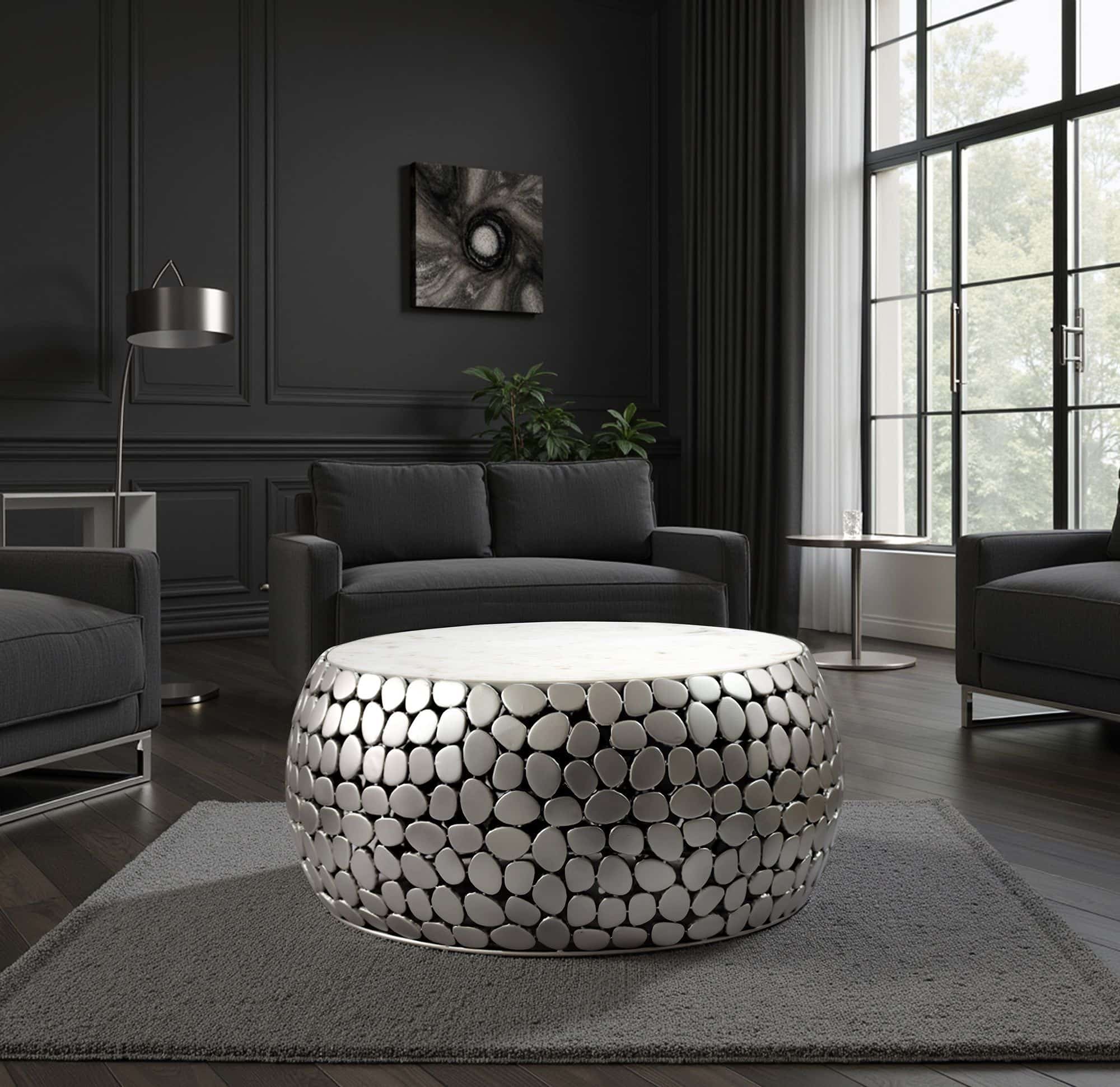 Design Couchtisch rund 66 cm aus Aluminium silber und weißer Marmor Tischplatte - Wohnzimmertisch Alu - Metall Sofatisch - Beistelltisch Wohnzimmer - Handmade