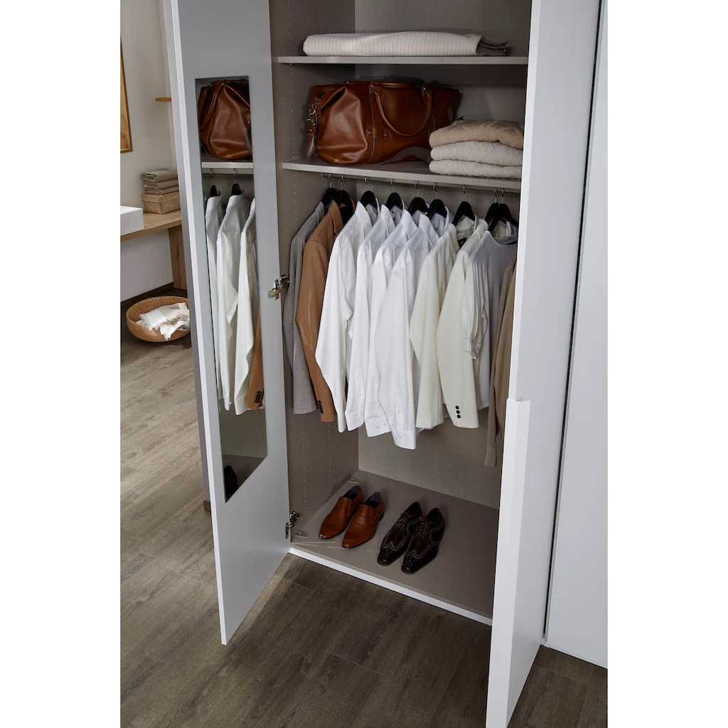 6-türiger Kleiderschrank Purisma von Rauch – Drehtürschrank in Alpinweiß, Graphit oder Seidengrau mit Schubkasteneinsatz, Innenspiegel und Krawattenhalter