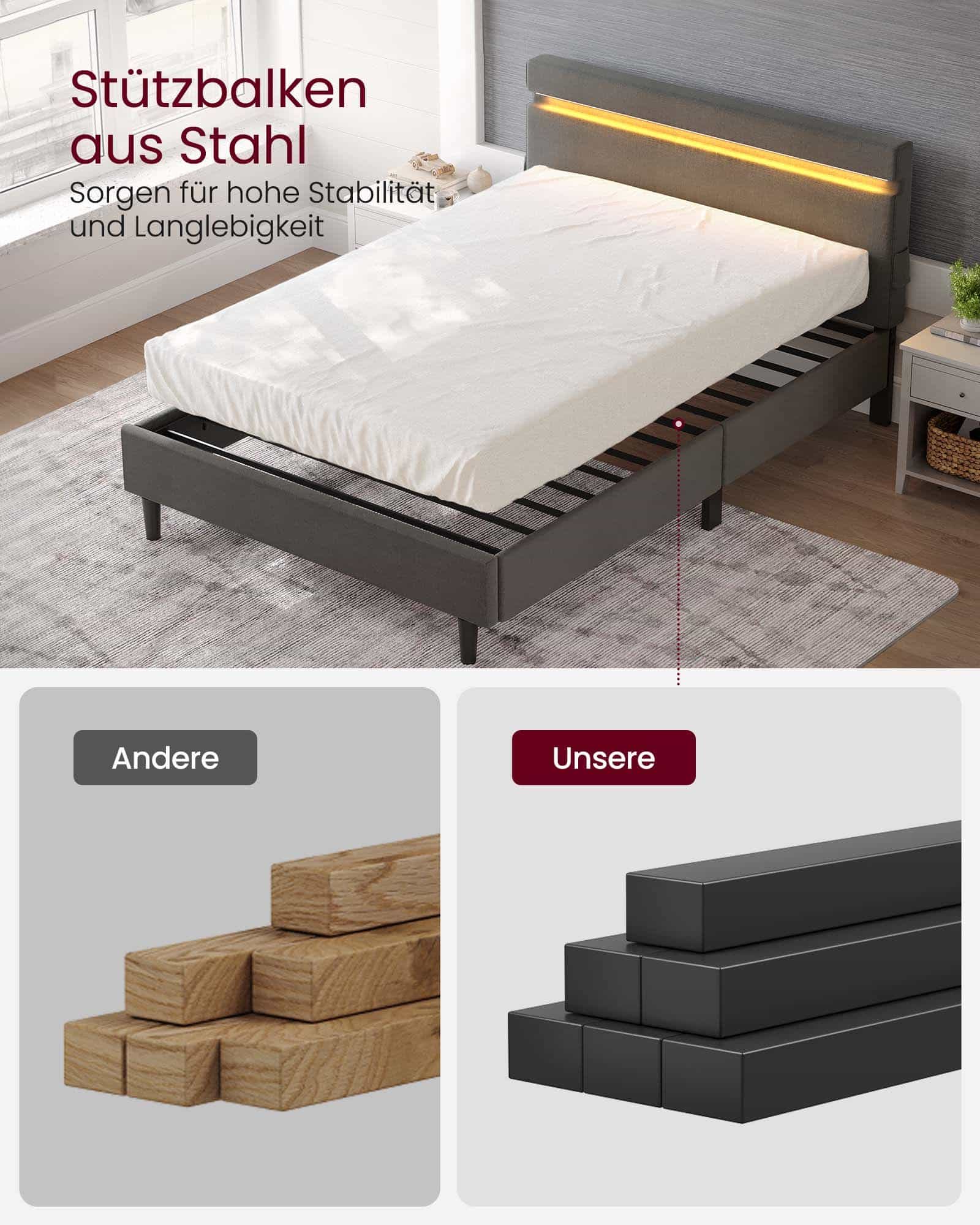 Doppelbett aus Metall 140 x 190 cm LED-Beleuchtung dunkelgrau Doppelbett aus Metall 140 x 190 cm LED-Beleuchtung dunkelgrau