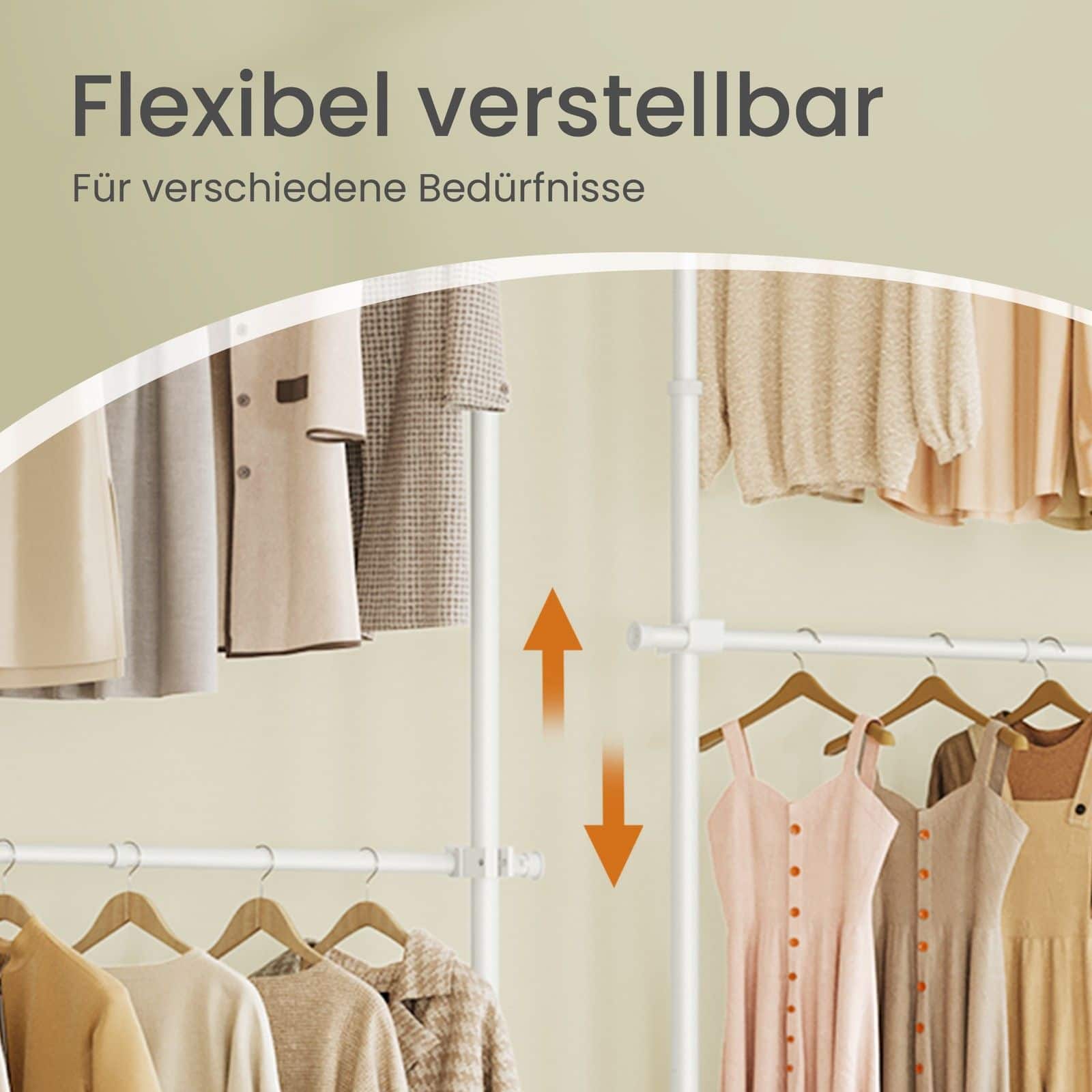 3-stufiger Kleiderständer, höhen- und breitenverstellbar, offene Garderobe mit 2 Kleiderstangen und 1 Ablage