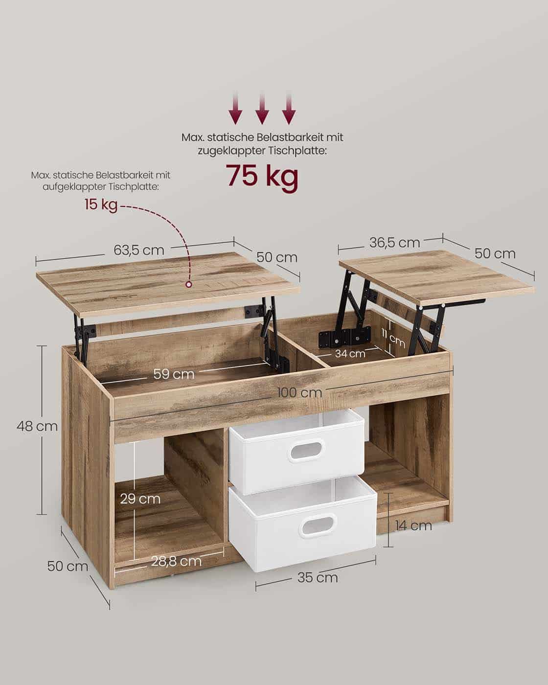 Couchtisch mit 2 Schubladen und Fächern Couchtisch mit 2 Schubladen und Fächern