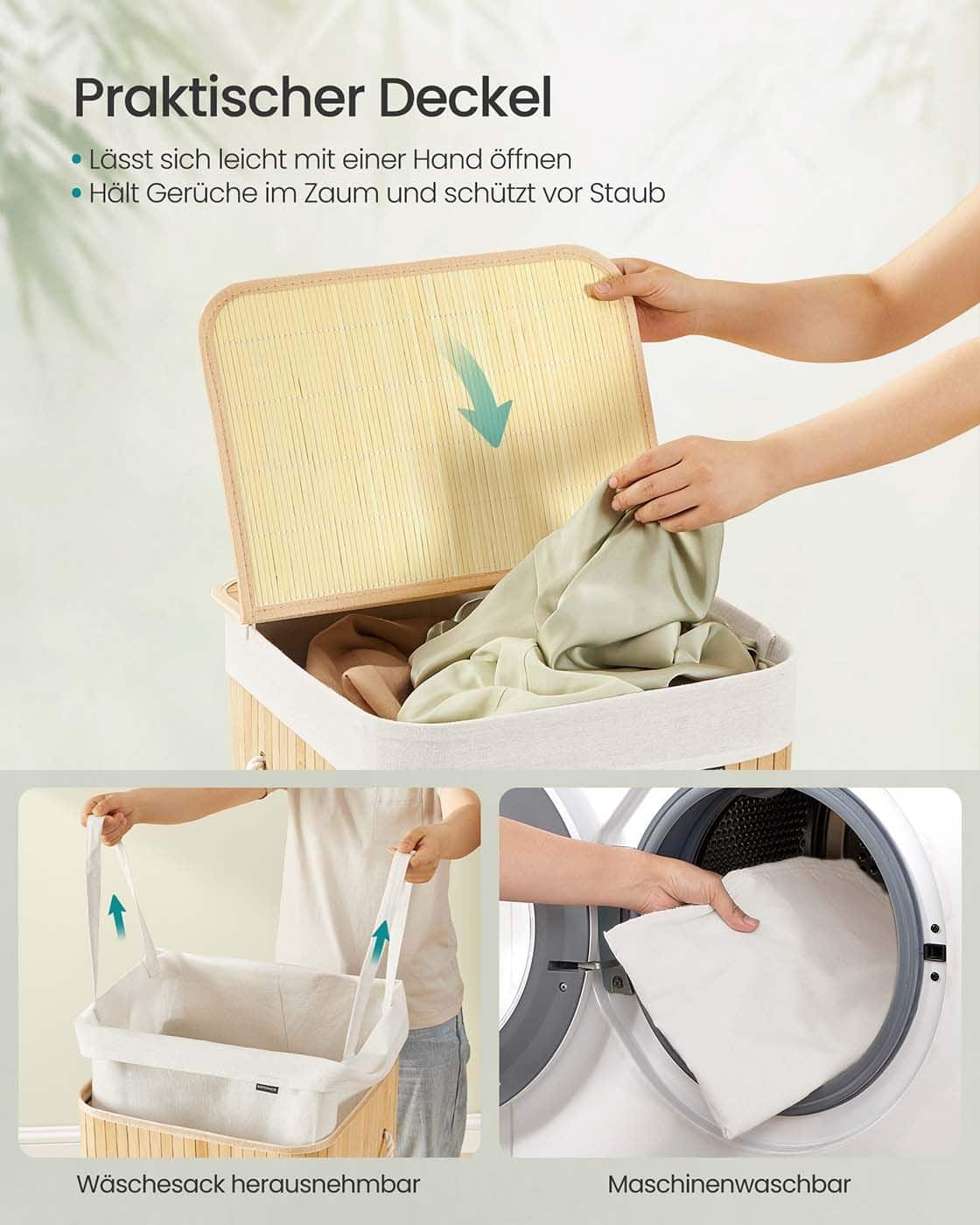 Wäschekorb aus Bambus mit Deckel und Griffen Naturfarben