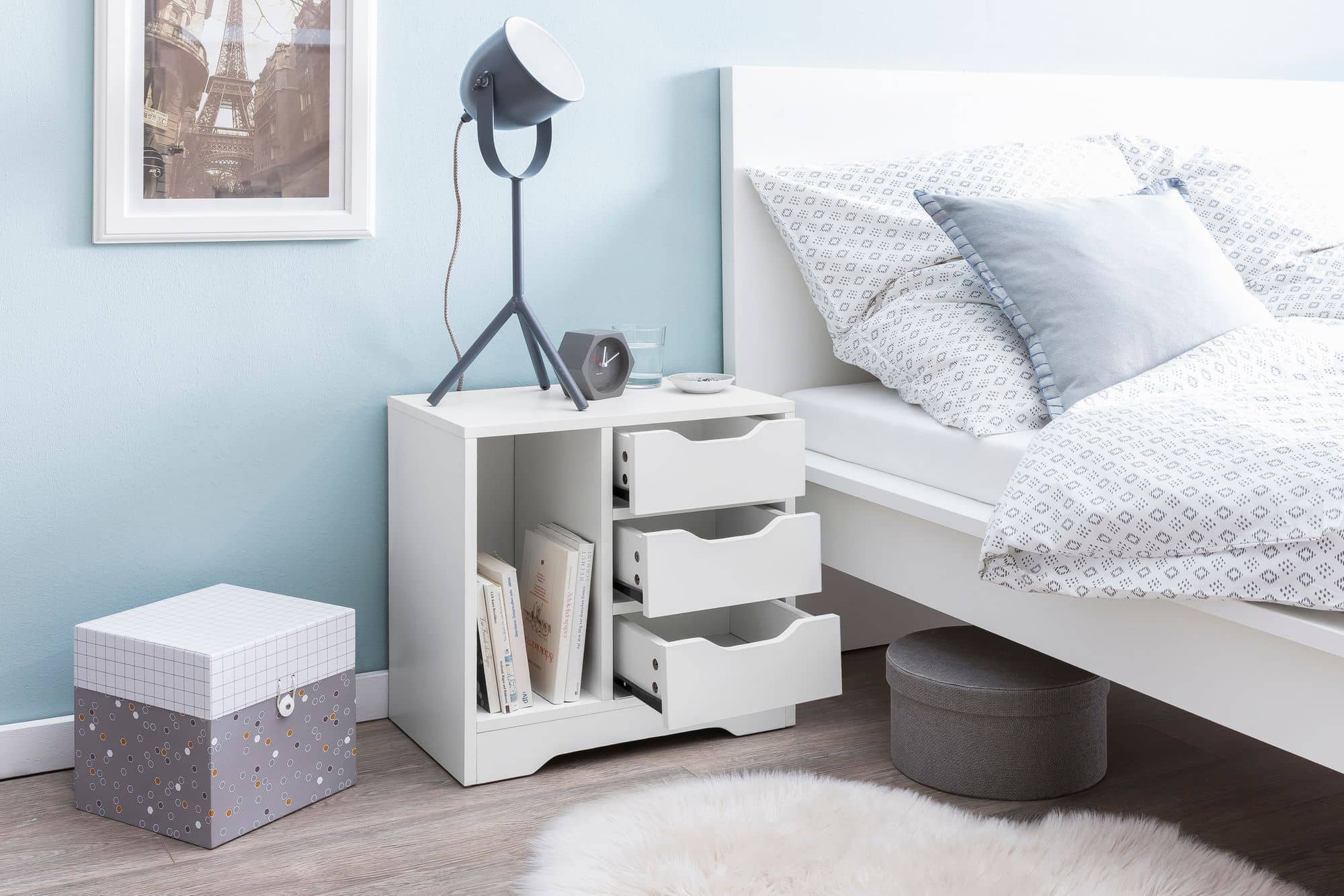 Nachtkonsole WL5.708 49x50x30 cm Weiß Matt 3 Schubladen 1 Ablagefach