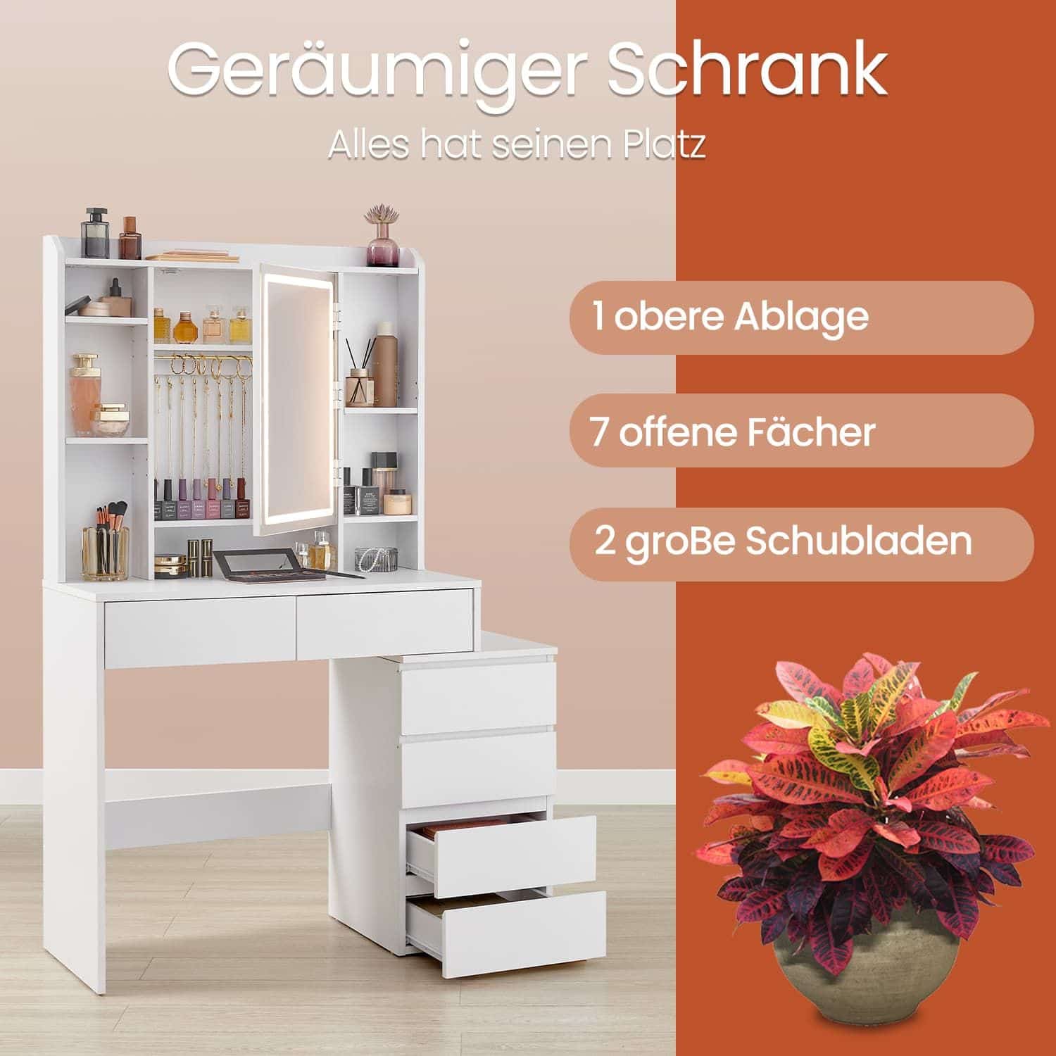 Schminktisch mit LED-Beleuchtung, einstellbare Lichtfarben und Helligkeit, Frisiertisch mit Spiegel