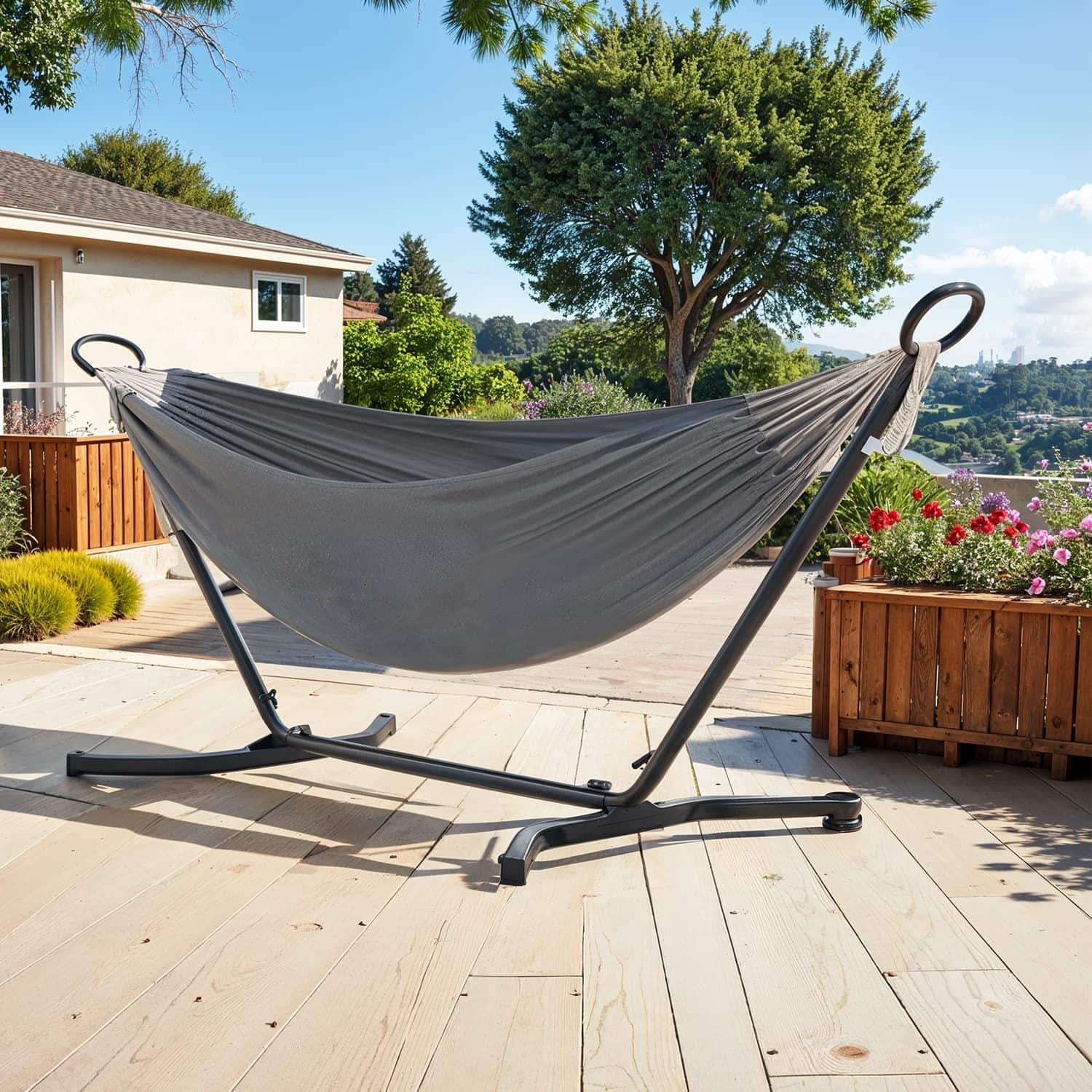 Hängematte mit Gestell, 210 x 150 cm, Doppelhängematte auf 5 verschiedene Höhen verstellbar Hängematte mit Gestell, 210 x 150 cm, Doppelhängematte auf 5 verschiedene Höhen verstellbar