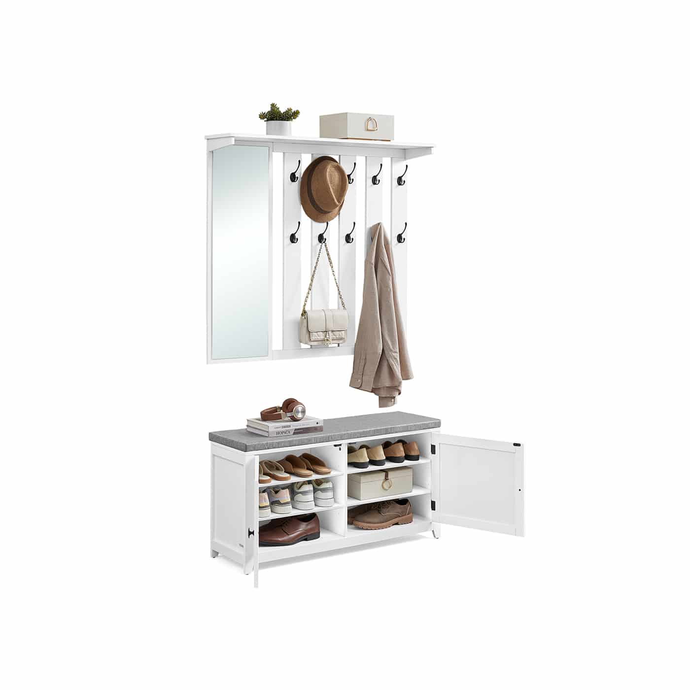 Schuhbank Wandgarderobe Set mit 10 Doppelhaken 102 cm breit