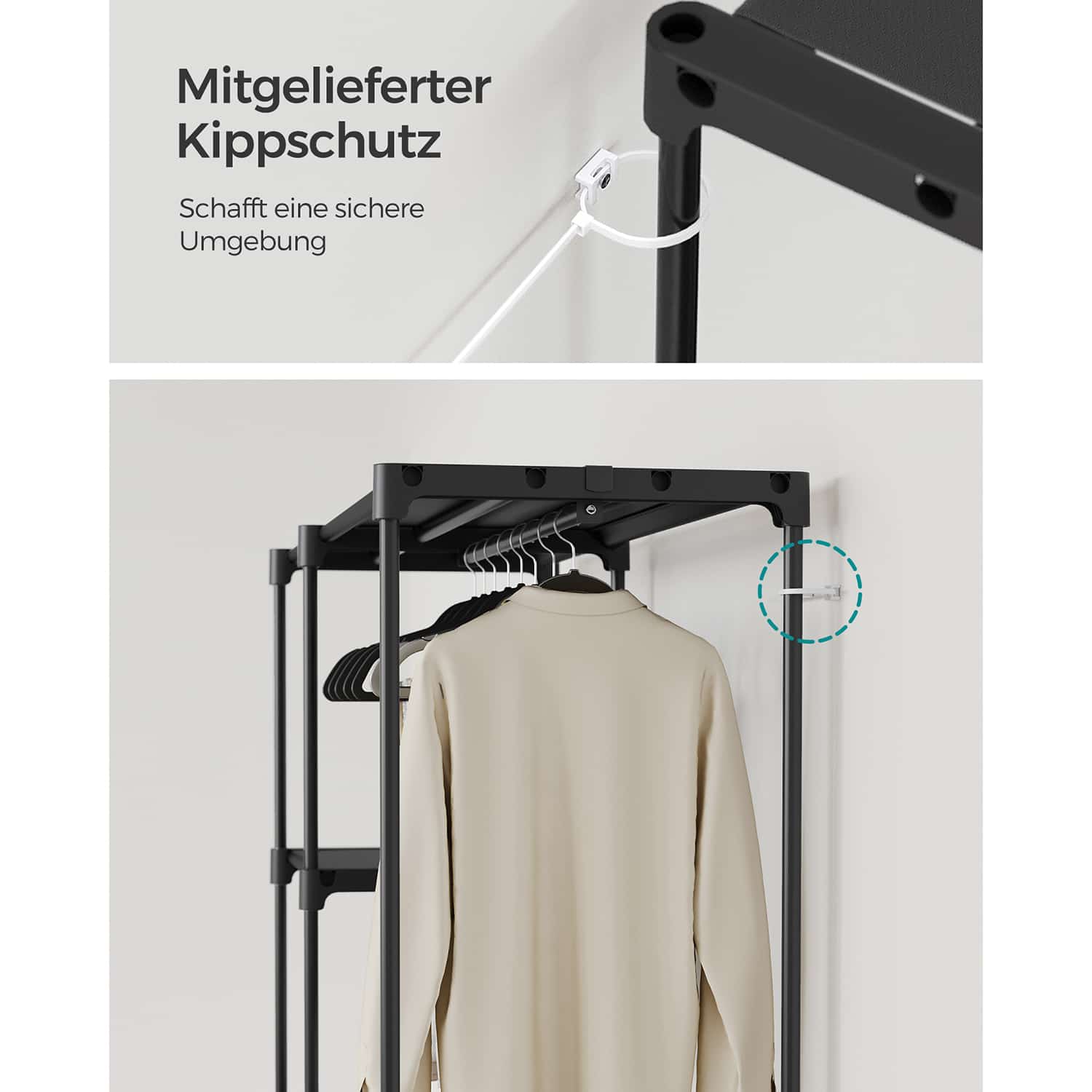 Kleiderschrank offen mit Kleiderstangen 43 x 124 x 182 cm schwarz-RYG026B02 Kleiderschrank offen mit Kleiderstangen 43 x 124 x 182 cm schwarz-RYG026B02