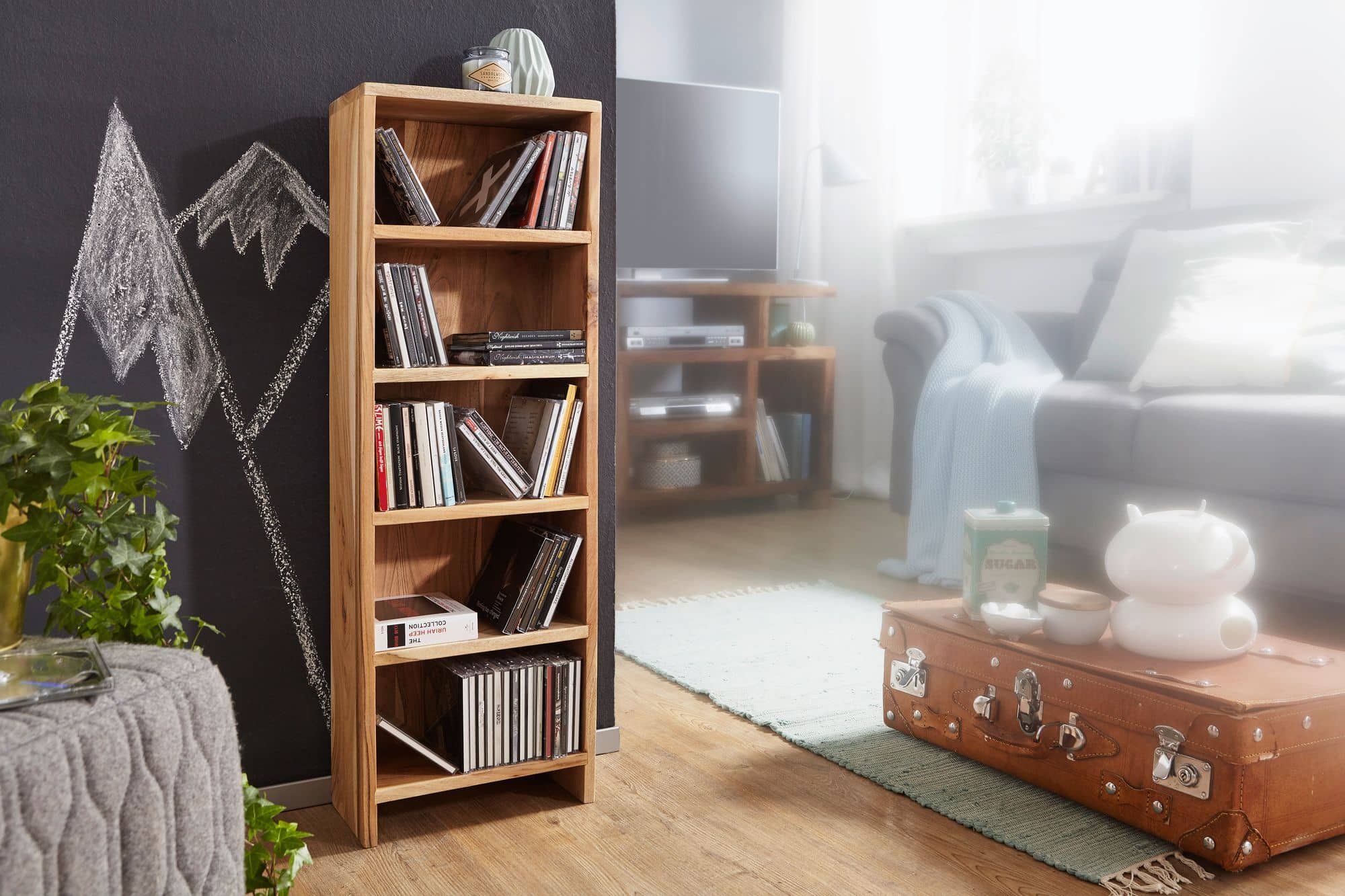CD Regal MUMBAI Massivholz Akazie Standregal 90 cm hoch CD-Aufbewahrung 5 Fächer Bücherregal natur Landhaus-Stil CD Regal MUMBAI Massivholz Akazie Standregal 90 cm hoch CD-Aufbewahrung 5 Fächer Bücherregal natur Landhaus-Stil
