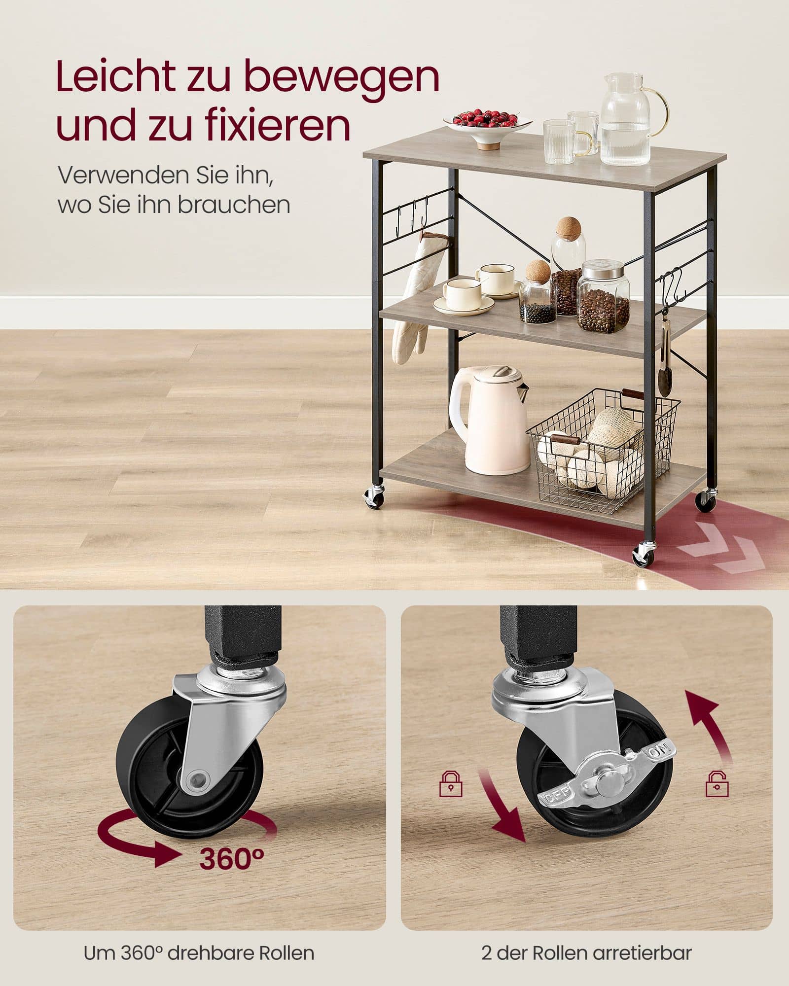 VASAGLE Küchenregal 3 Ebenen Rollen Greige-Schwarz