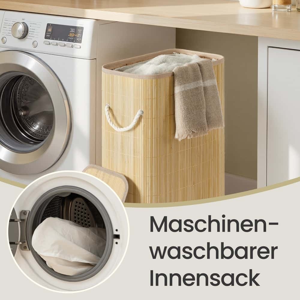 Wäschekorb mit Deckel, 60 L, Wäschesammler Bambus