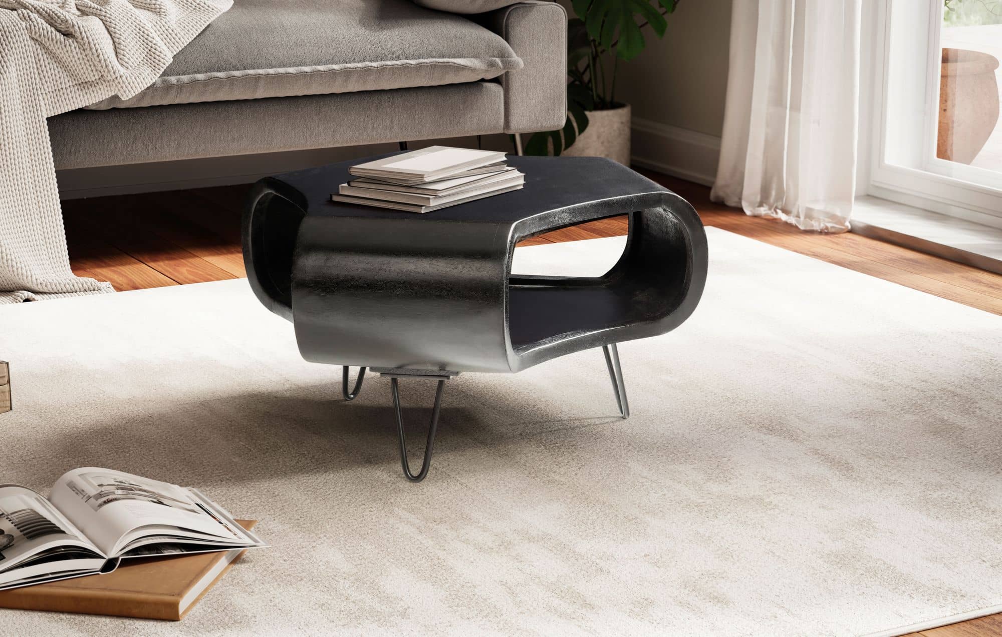 Couchtisch 60x60x35 cm Mango Massivholz Metall Schwarz Sofatisch