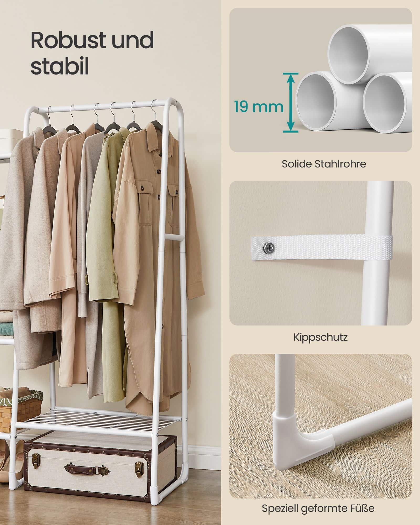 Kleiderständer mit 5 Ablagen und Stahlrahmen wolkenweiß Kleiderständer mit 5 Ablagen und Stahlrahmen wolkenweiß