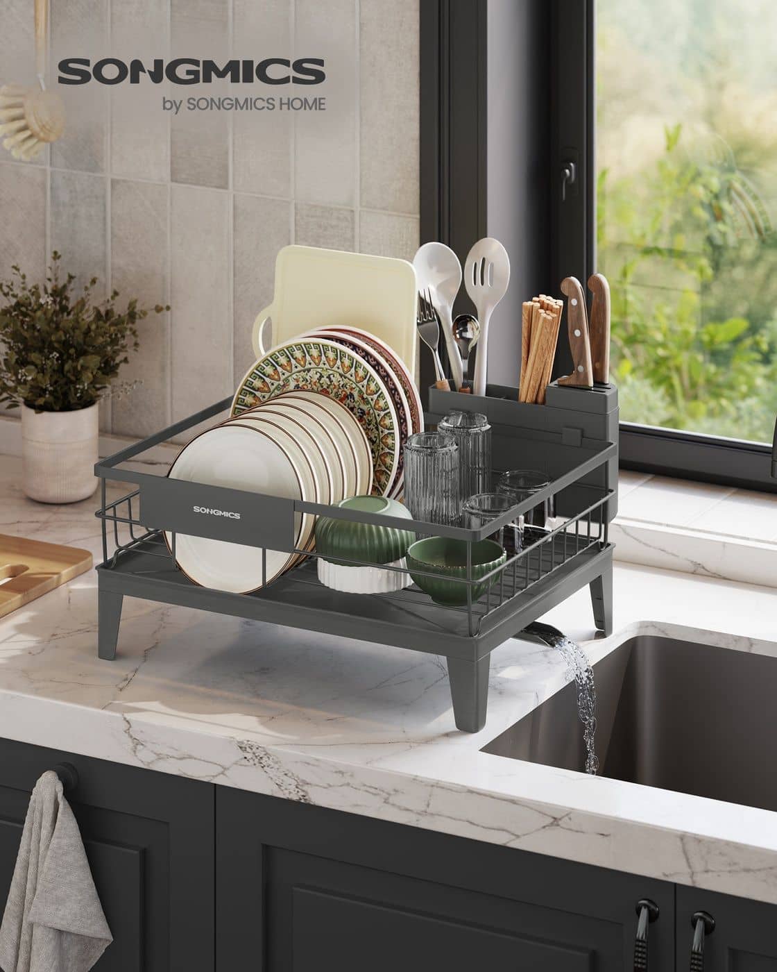 Drehbares Abtropfgestell mit Abtropfschale und Besteckablage anthrazitgrau Drehbares Abtropfgestell mit Abtropfschale und Besteckablage anthrazitgrau