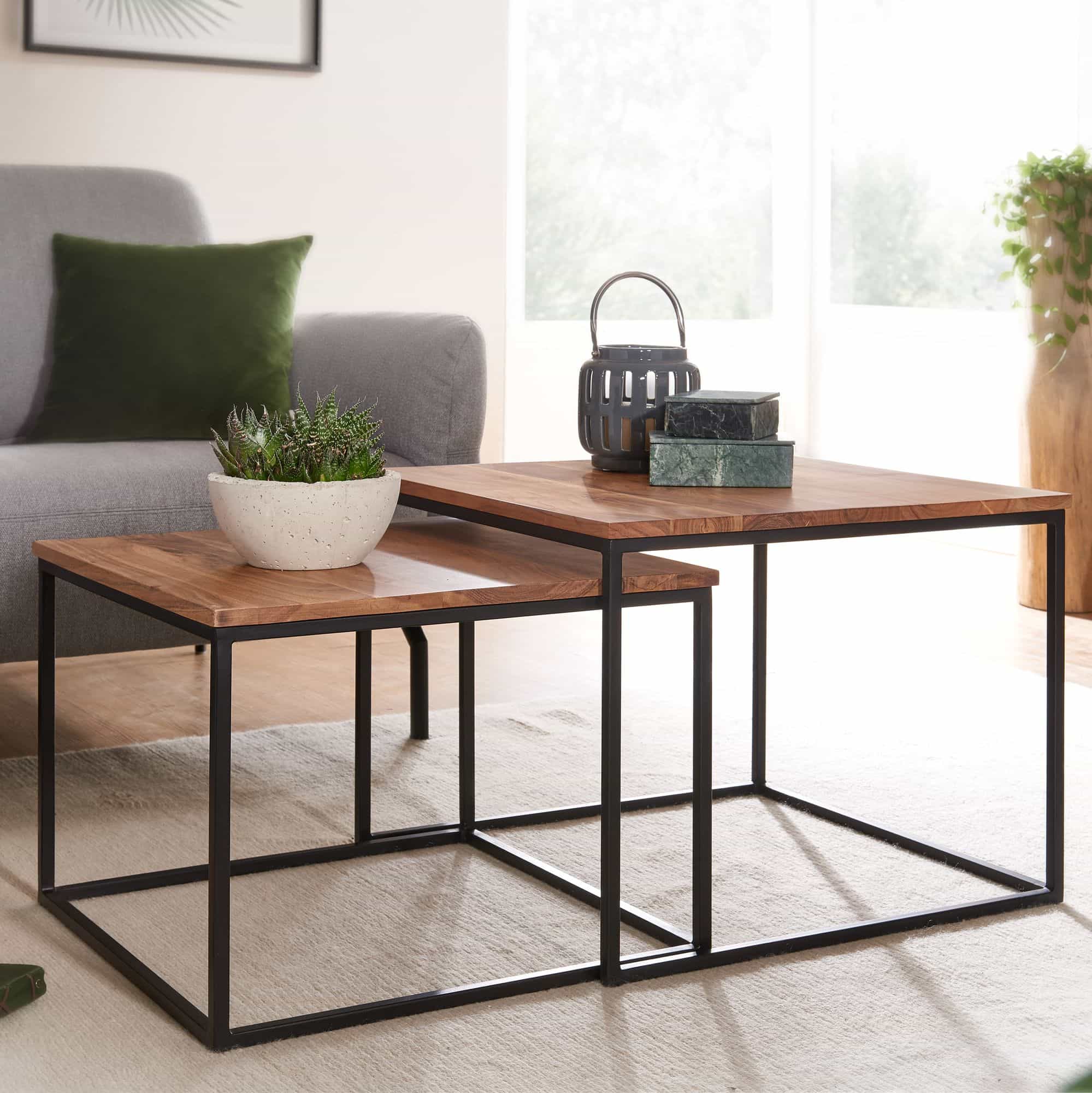 60559-Wohnling-Couchtisch-Akazie-2er-Set-60-x-60-x-46-cm-54-x-54-x40-cm-WL6-364-WL6-364 Wohnzimmertisch 2er Set Akazie Massivholz / Metall Beistelltisch Eckig