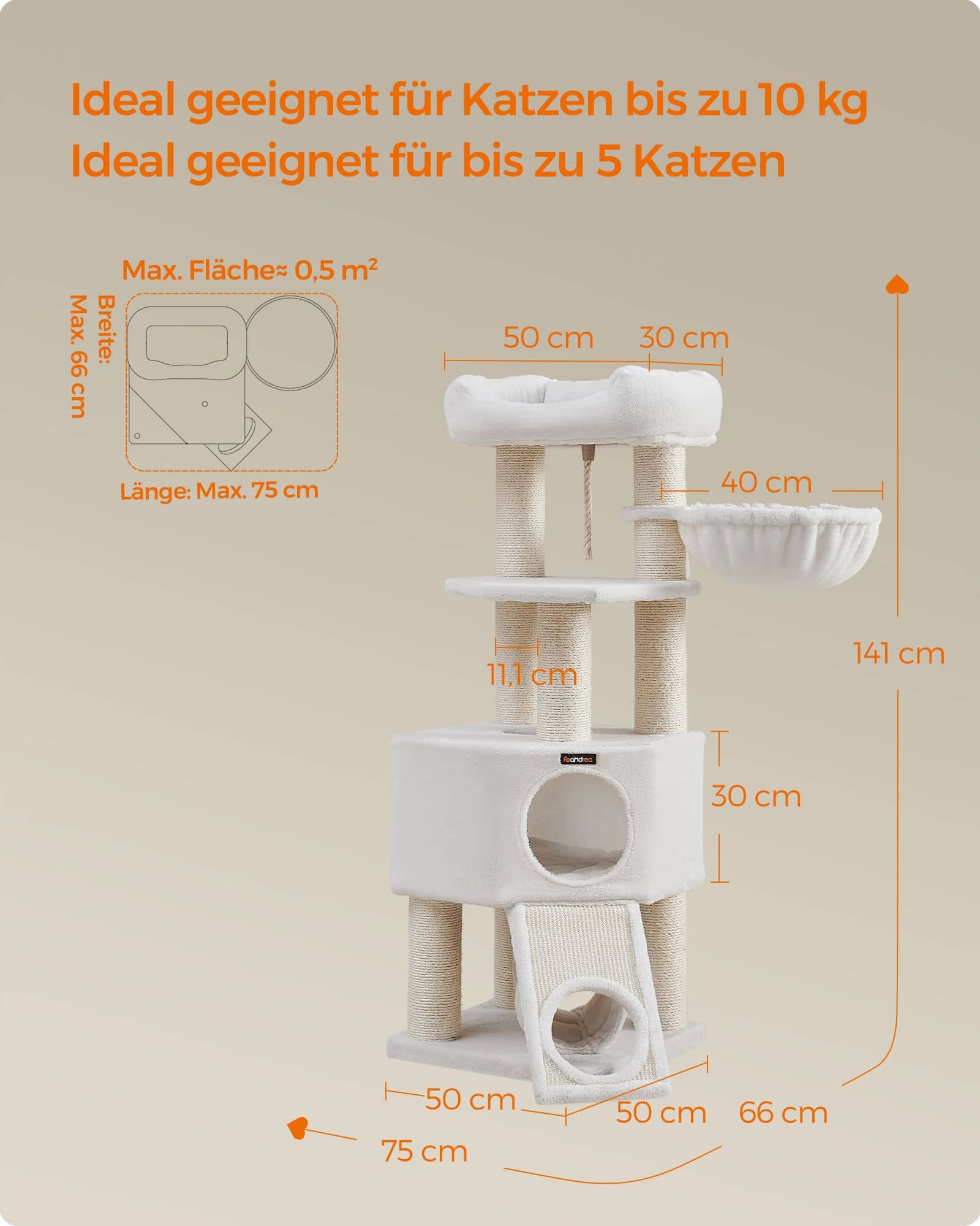 Kratzbaum mit Höhlen 50 x 50 x 141 cm cremeweiß Kratzbaum mit Höhlen 50 x 50 x 141 cm cremeweiß