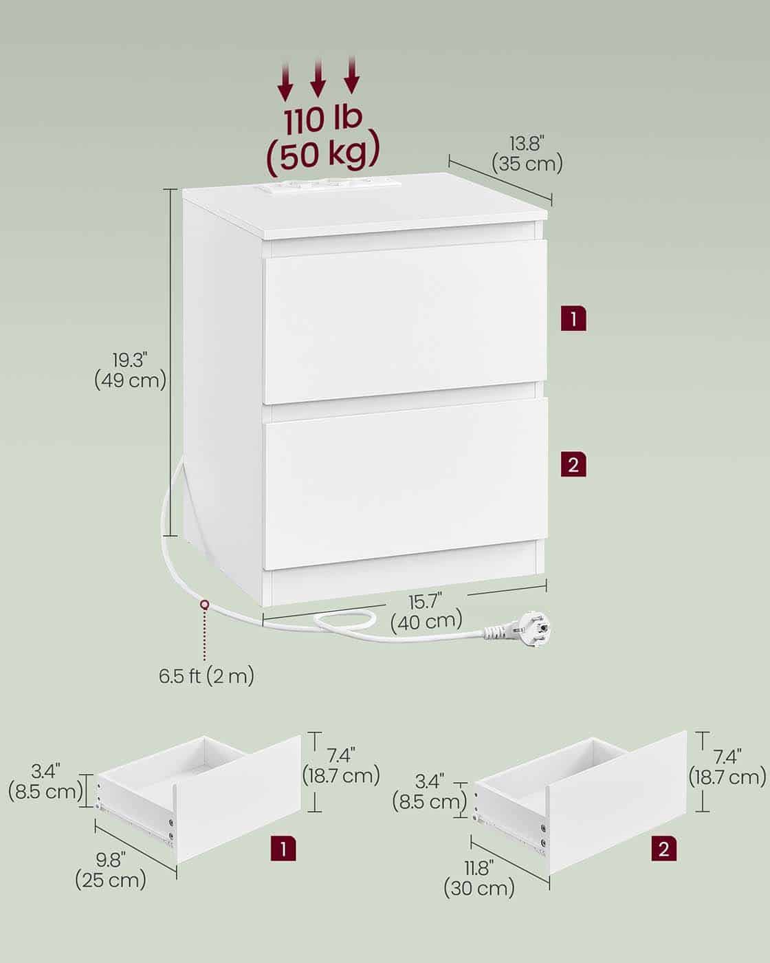 Nachttisch 2er Set mit Steckdosen und Schubladen wolkenweiß Nachttisch 2er Set mit Steckdosen und Schubladen wolkenweiß