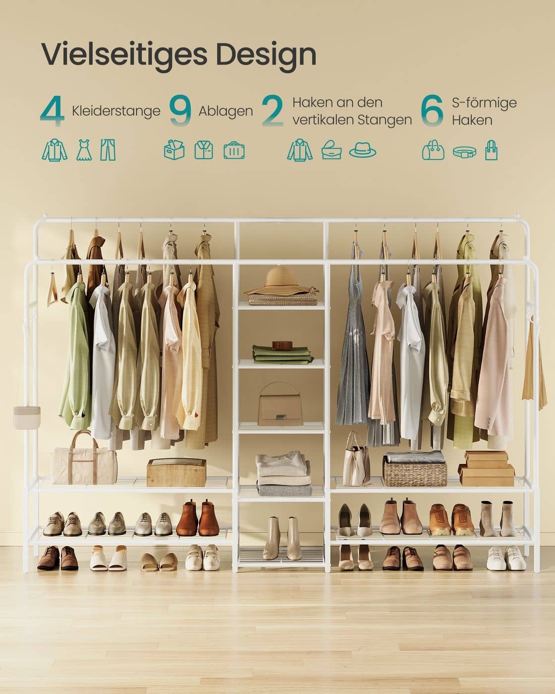 Garderobenständer mit 9 Ablagen für Schlafzimmer weiß