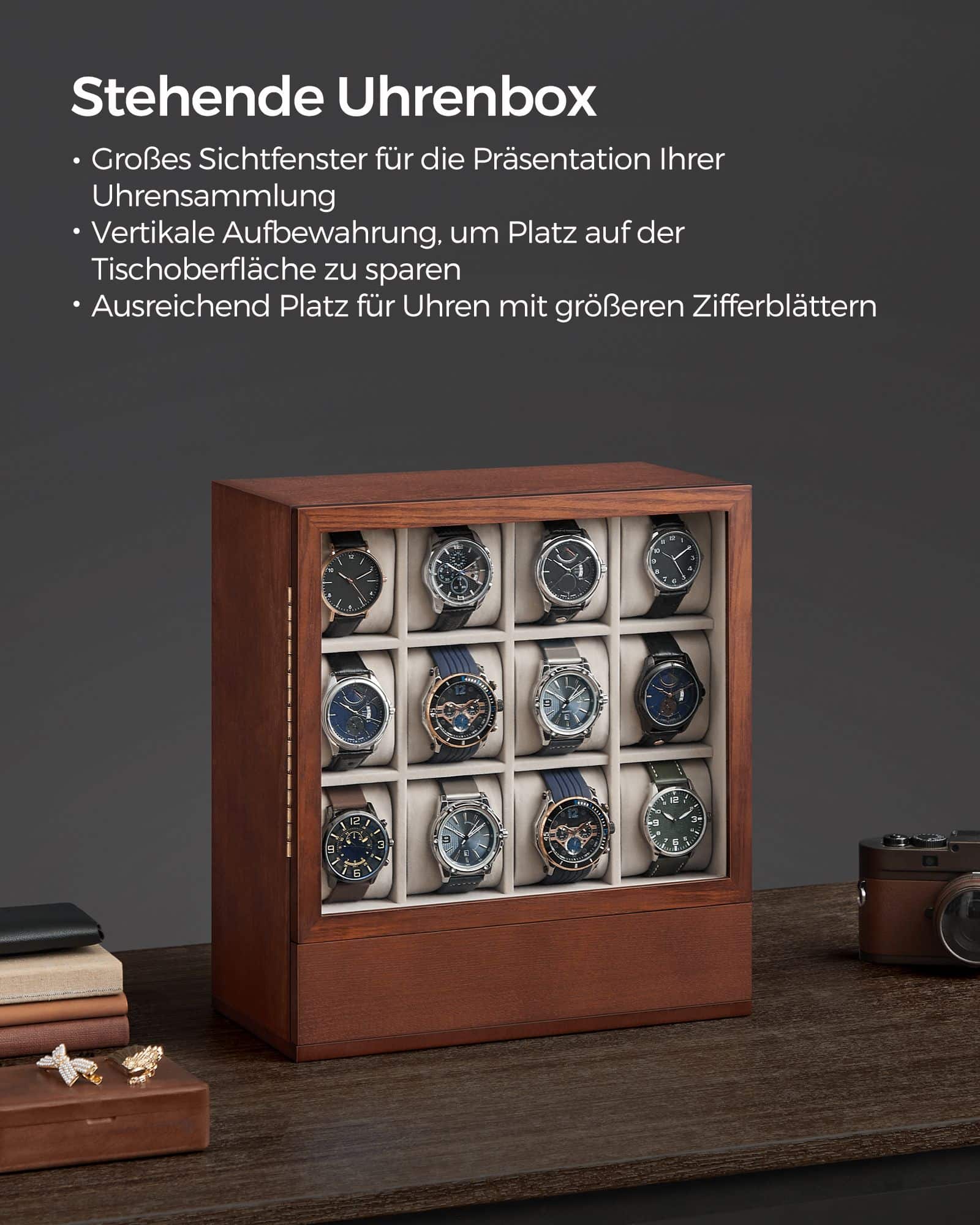 Uhrenbox 12 Fächer mit Fenster Geschenkidee kaffeebraun