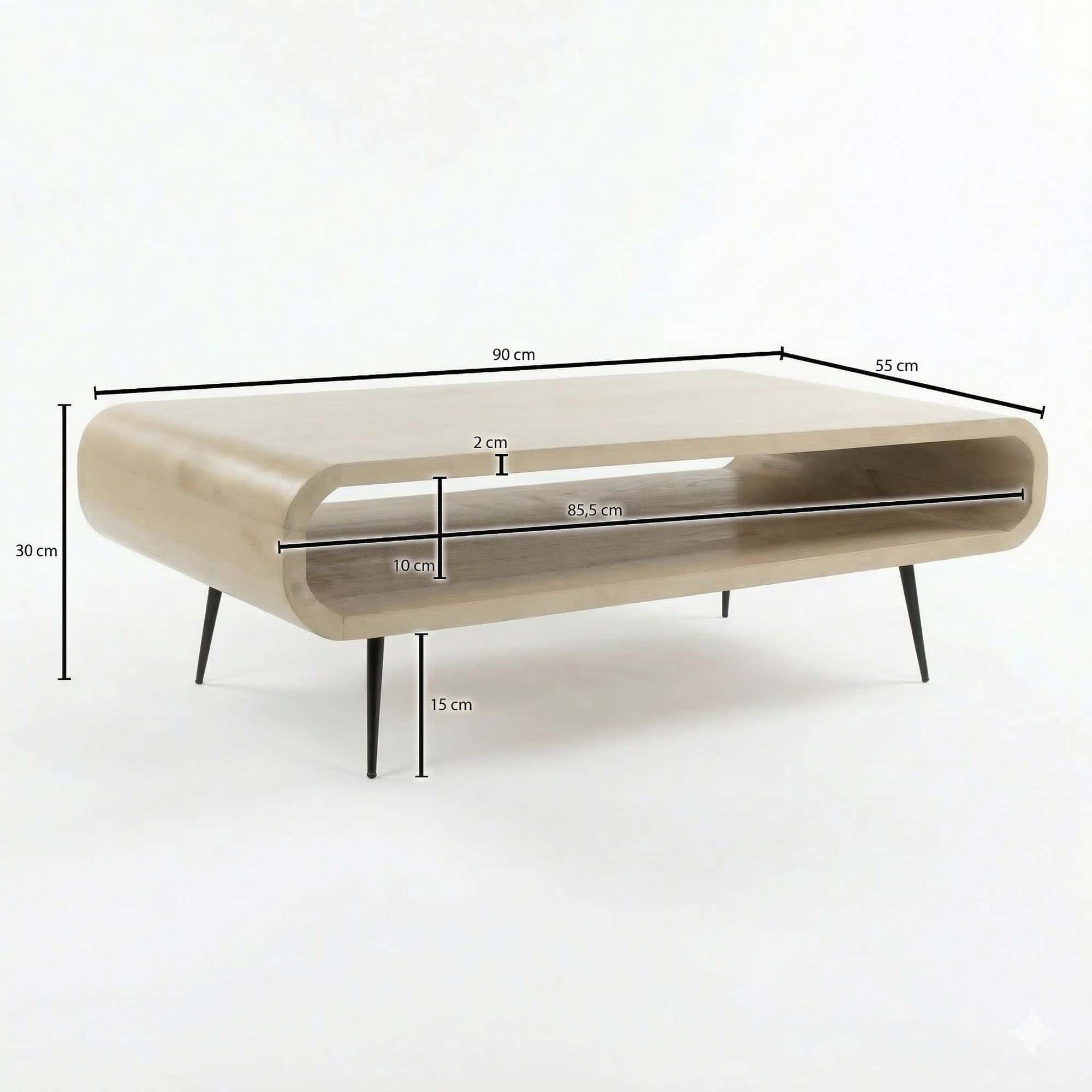 Couchtisch Mango Massivholz white wash 90cm - Design Wohnzimmertisch mit Metall Beine - Rechteckiger Sofatisch Ablage Retro - Loungetisch Holz - Natur Beistelltisch Handmade