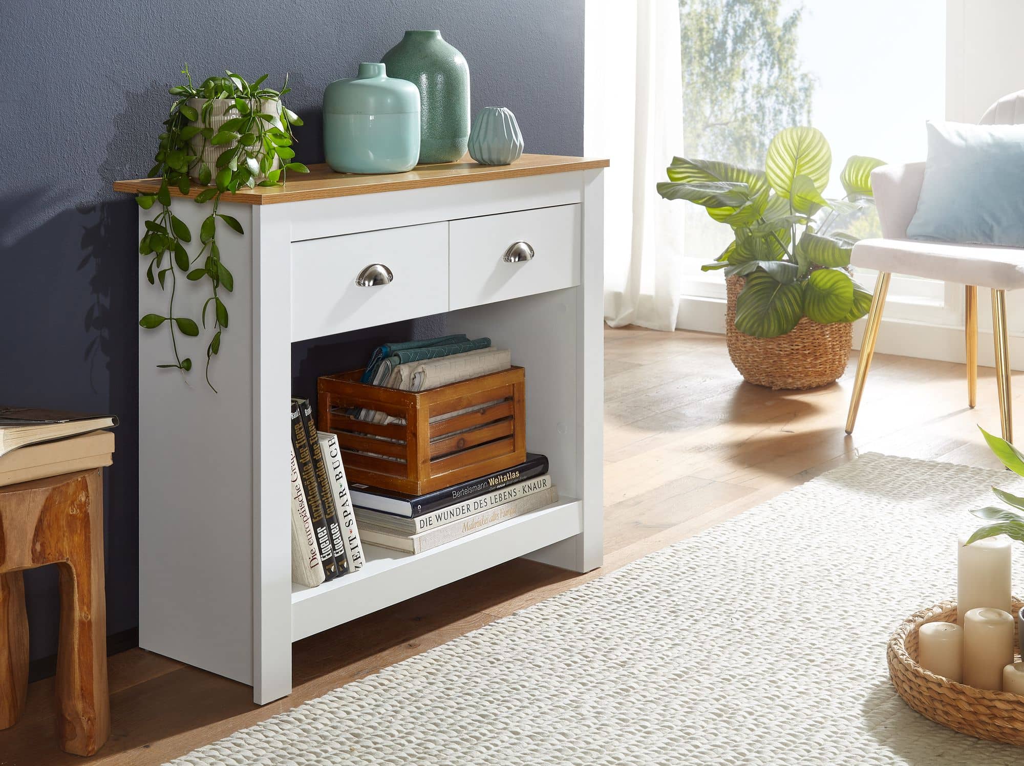 Konsolentisch 85x35x76 cm Weiß / Eiche Design Anrichte Modern Schmal Konsolentisch 85x35x76 cm Weiß / Eiche Design Anrichte Modern Schmal