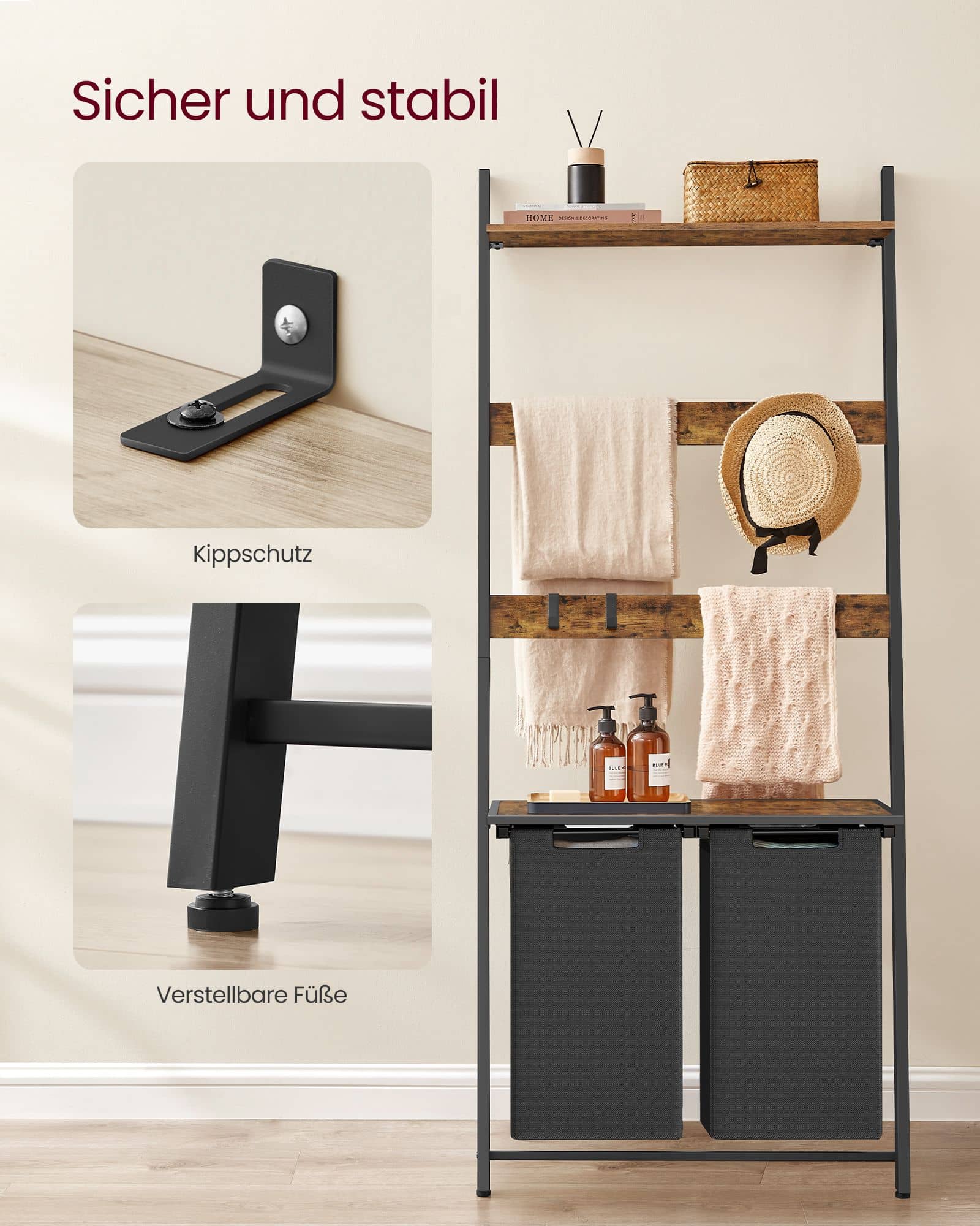 Wäschekorb mit Handtuchleiter vintagebraun-schwarz