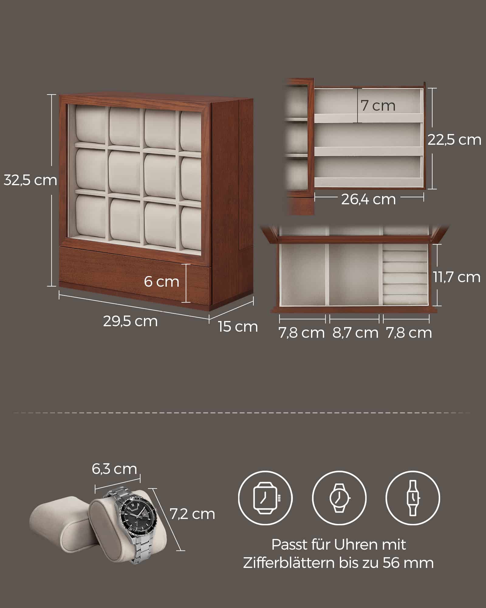 Uhrenbox 12 Fächer mit Fenster Geschenkidee kaffeebraun Uhrenbox 12 Fächer mit Fenster Geschenkidee kaffeebraun