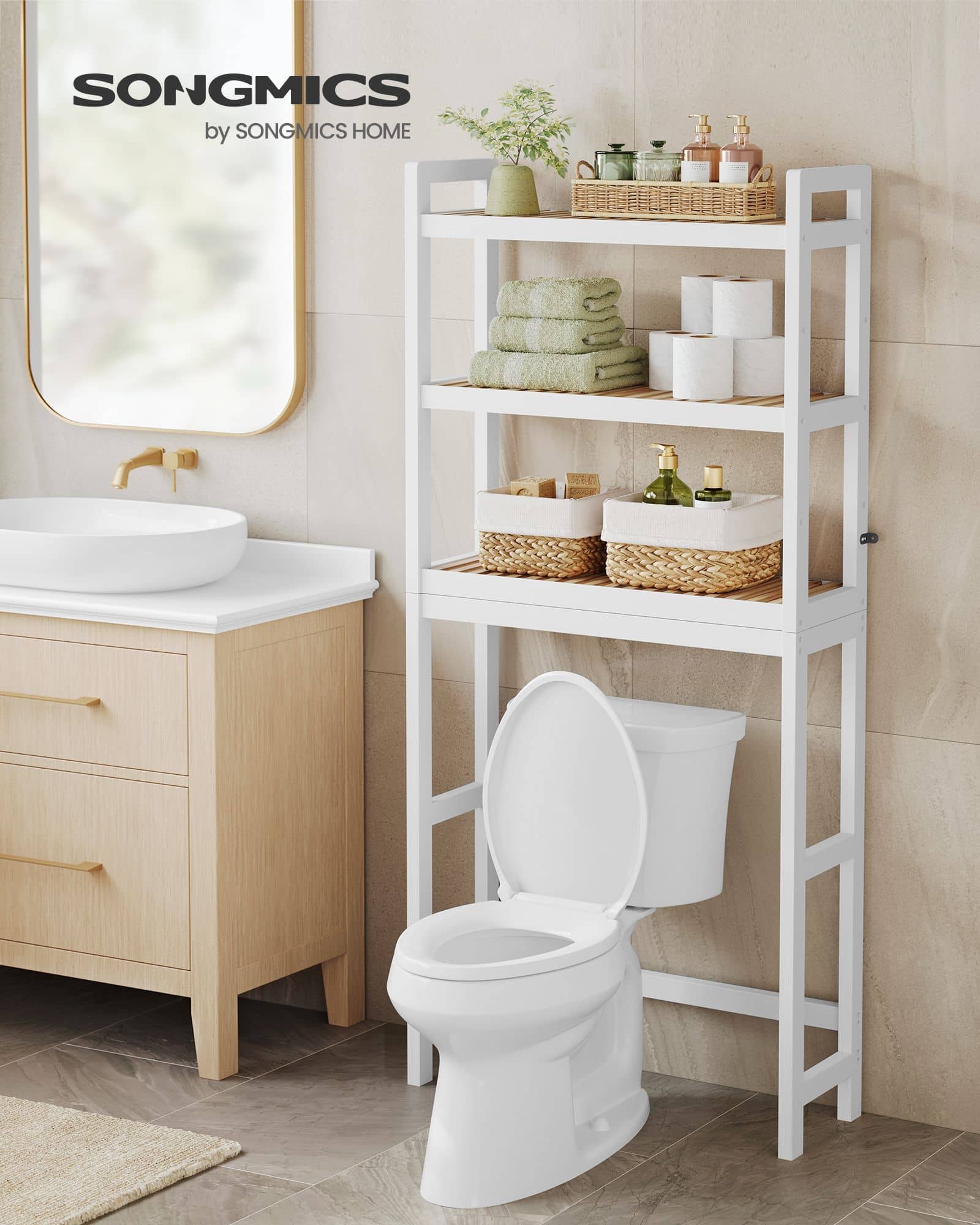 3-stöckiges Badregal aus Bambus wolkenweiß-naturfarben-BTS001W02