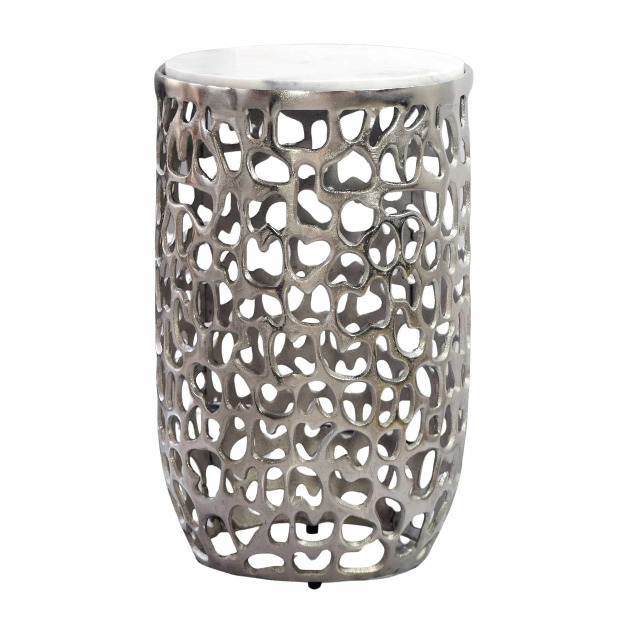Beistelltisch Aluminium silber rund 30cm – Anstelltisch mit Marmor Tischplatte – Design Metall Couchtisch für Wohnzimmer – runder Wohnzimmertisch modern – Dekotisch Handmade Sofatisch