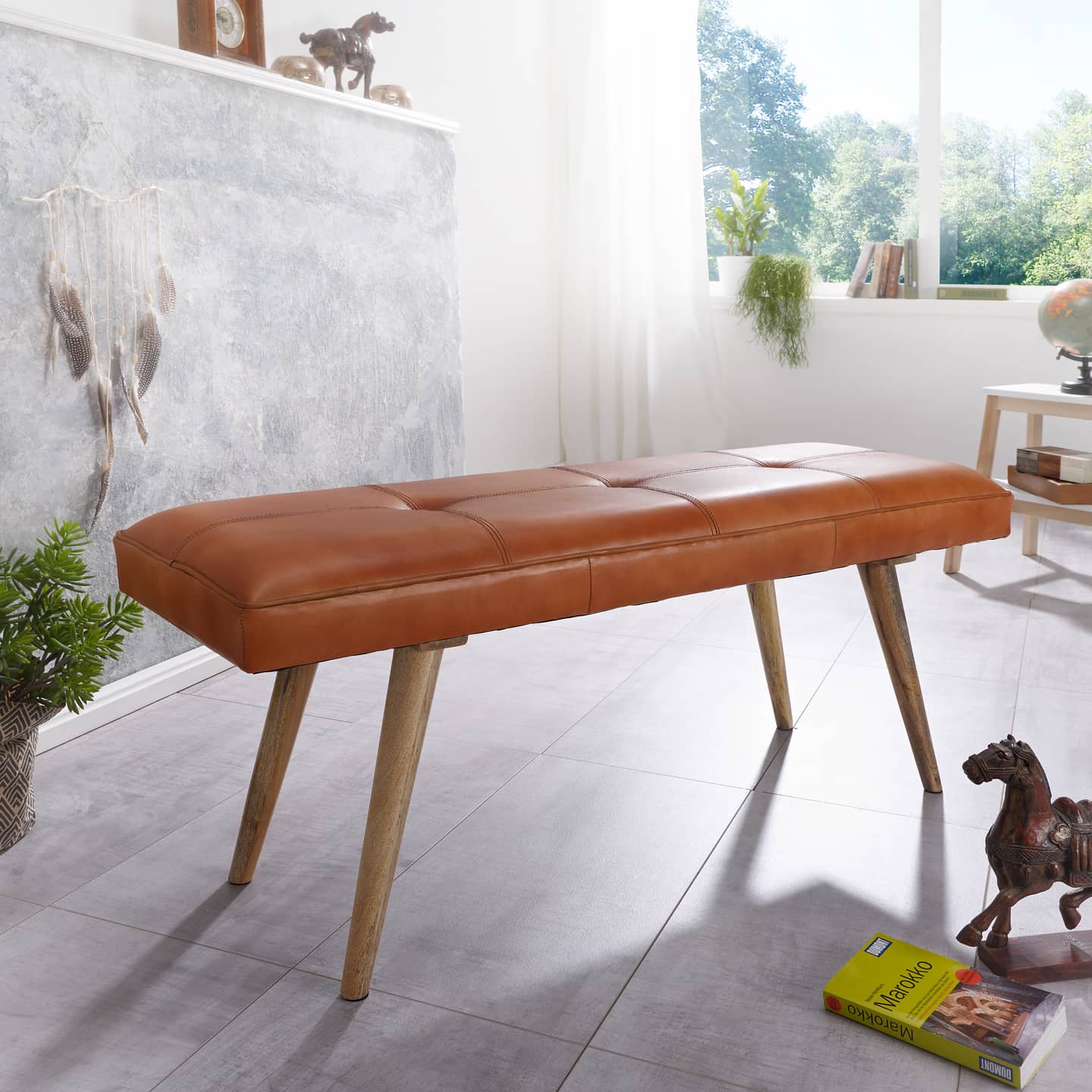 46003-WOHNLING-Sitzbank-mit-Ziegenleder-WL5-319-_1FtRiFhjjKubd4 Sitzbank Ziegenleder / Massivholz Bank 117x51x38 cm im Retro Stil