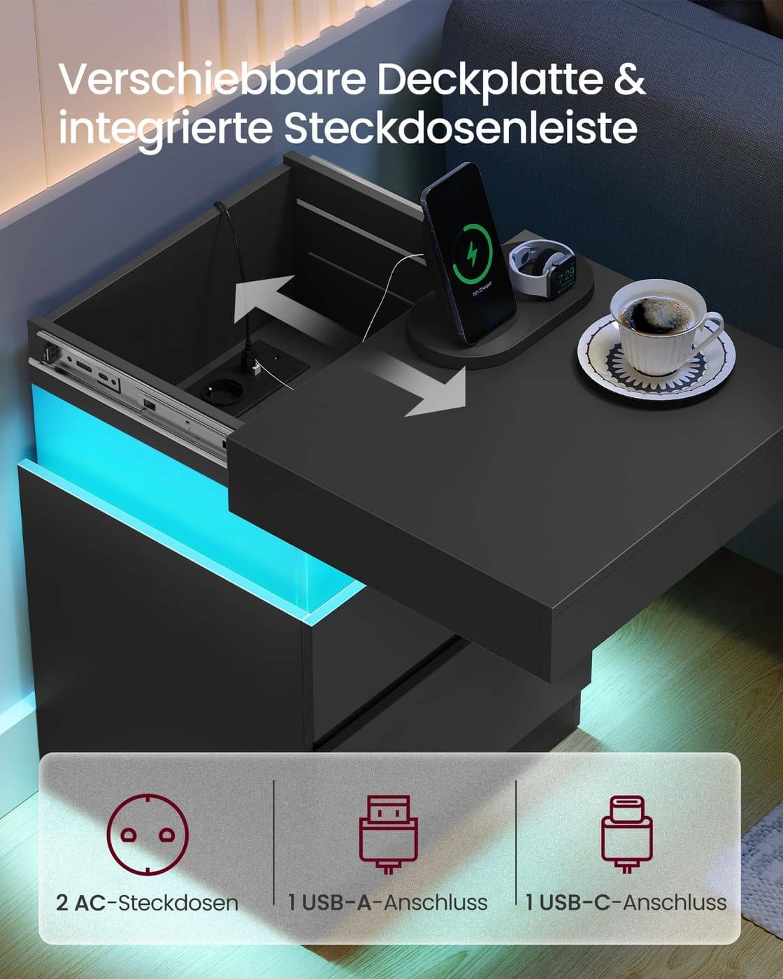 Kailyn Kollektion - Nachttisch mit Steckdosen und LED Beleuchtung tintenschwarz