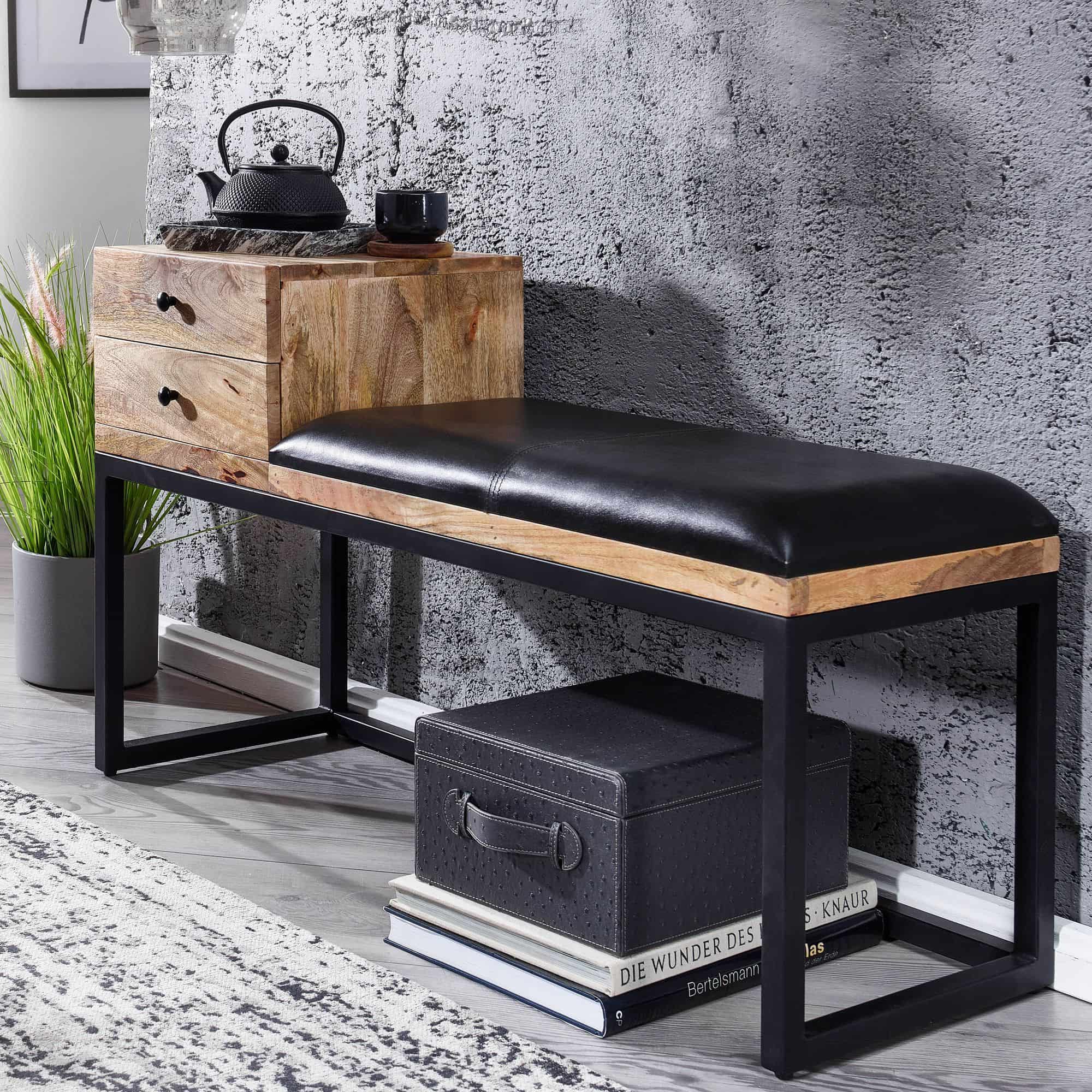 64426-Wohnling-Sitzbank-mit-festem-Eisen-Gestell-und-schwarzen-Leder-100x35x60-cm-WL6-483-WL6-483_1 Sitzbank Ziegenleder / Massivholz Bank 100x60x35 cm im Retro Stil