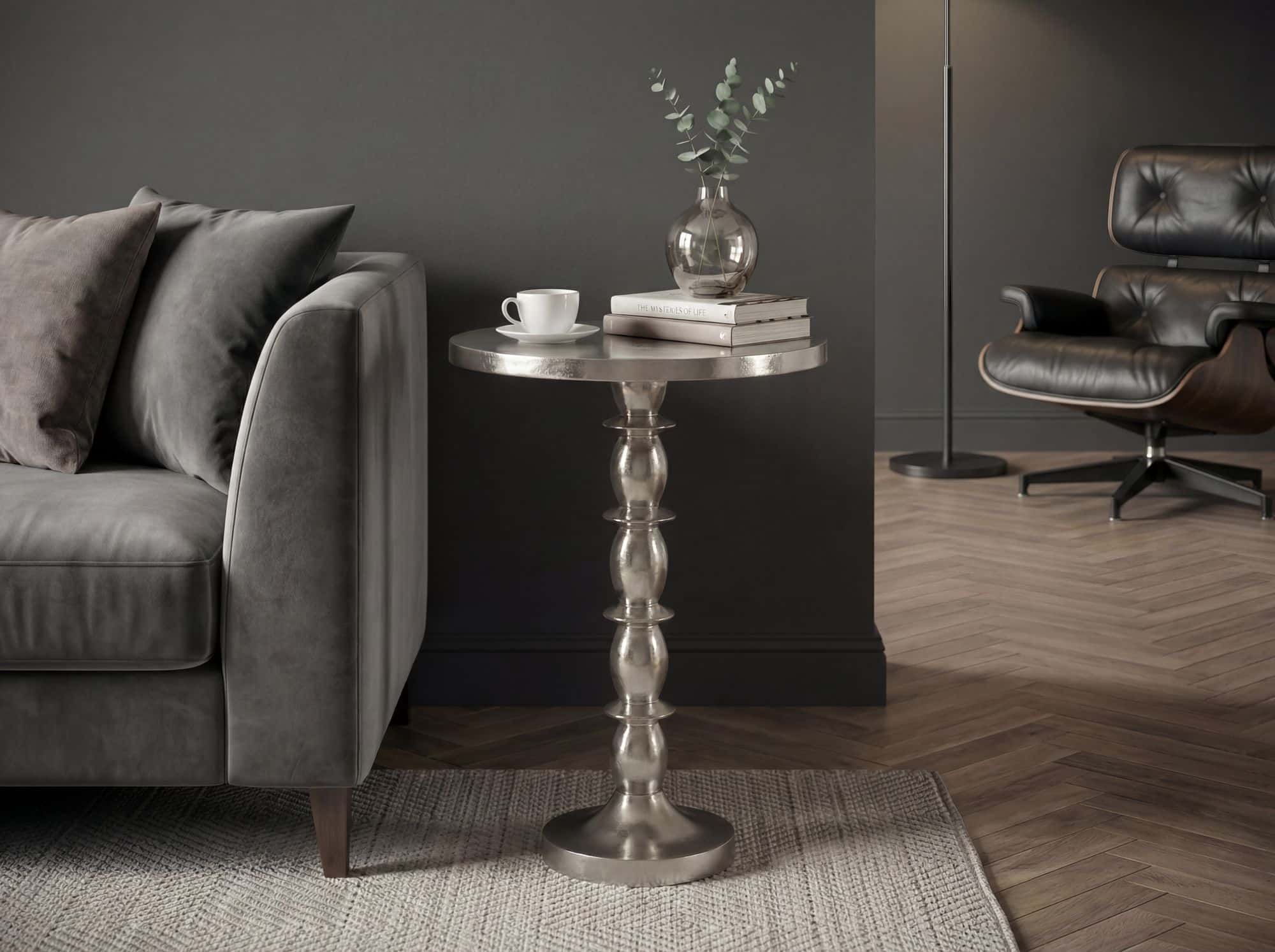 Beistelltisch Silber 40cm Aluminium Tisch Rund - Anstelltisch Raw Finish - Design Wohnzimmertisch Dekotisch - Metalltisch Orientalisch Modern - Sofatisch Couchtisch Handmade