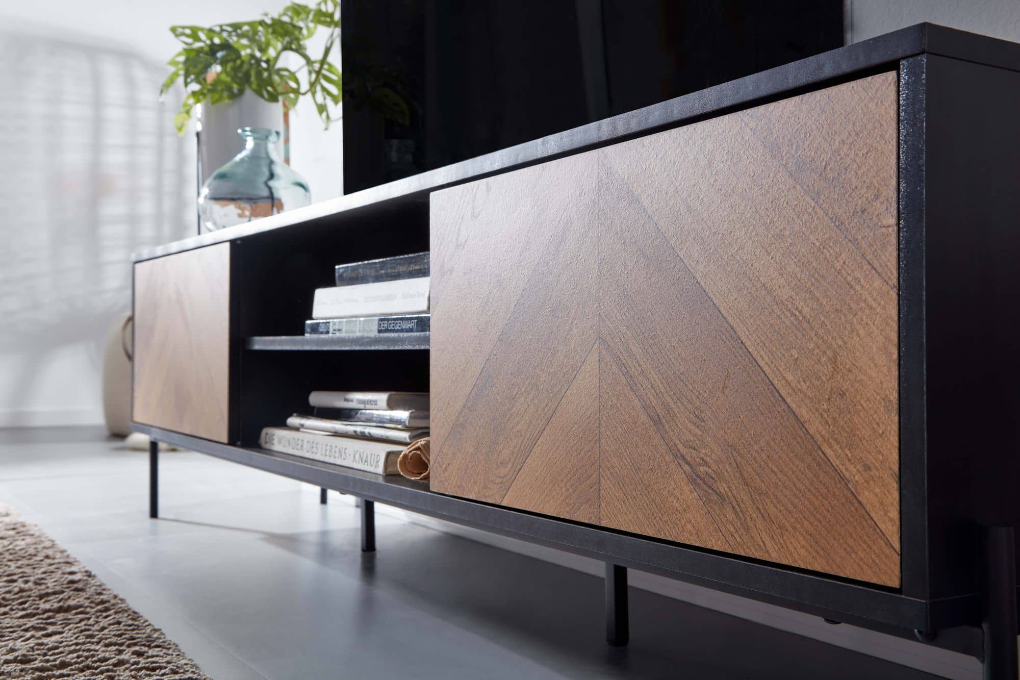 64672-Wohnling-Lowboard-TV-Board-160x40x45-cm-schwarz-WL6-580 Lowboard Holz Schwarz / Eiche-Dekor 163x45x40 cm TV-Kommode mit zwei Türen