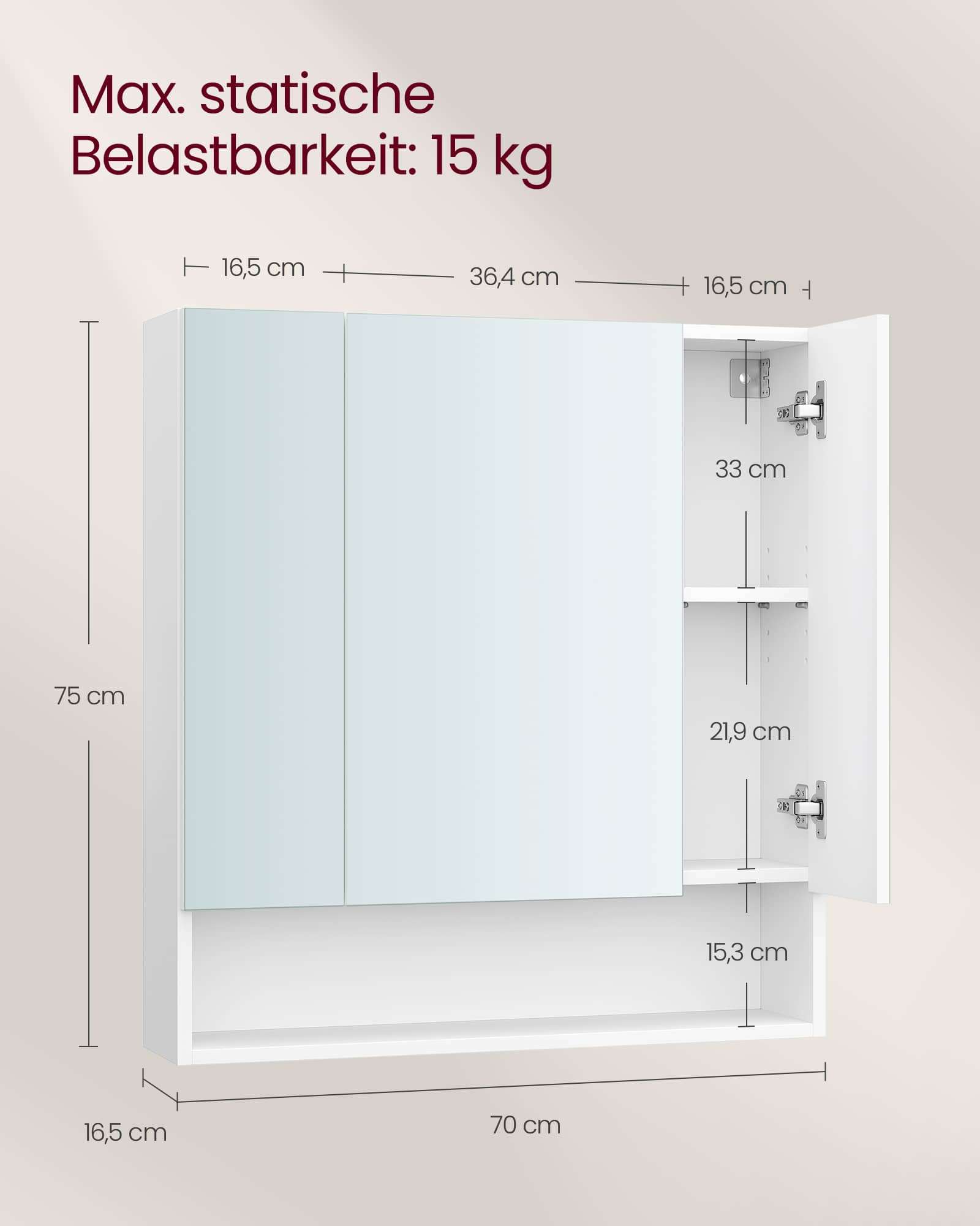 Badezimmerschrank mit 3 Türen 16,5 x 70 x 75 cm wolkenweiß Badezimmerschrank mit 3 Türen 16,5 x 70 x 75 cm wolkenweiß