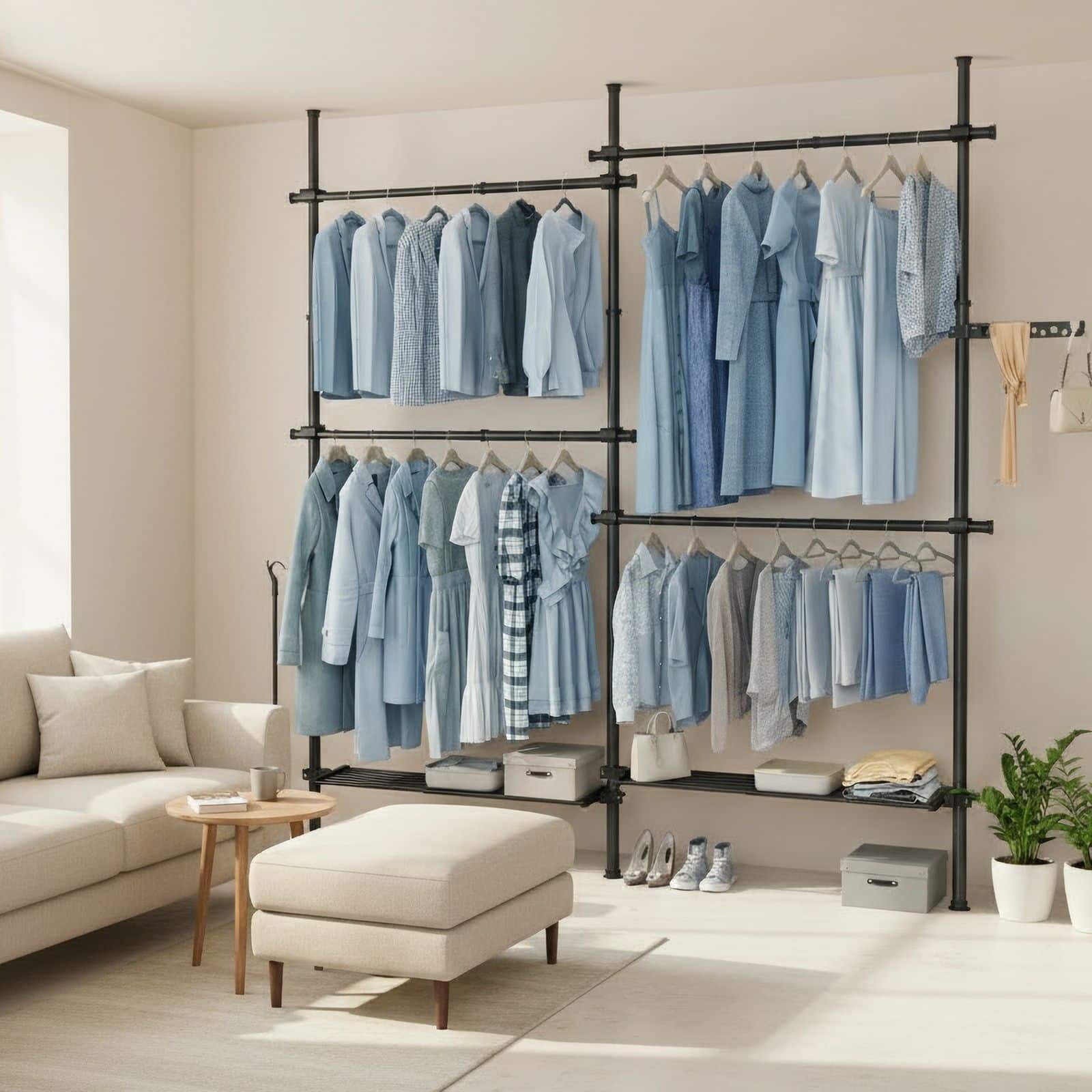 3-stufiger Kleiderständer, höhen- und breitenverstellbar, offene Garderobe mit 4 Kleiderstangen und 2 Ablagen 3-stufiger Kleiderständer, höhen- und breitenverstellbar, offene Garderobe mit 4 Kleiderstangen und 2 Ablagen