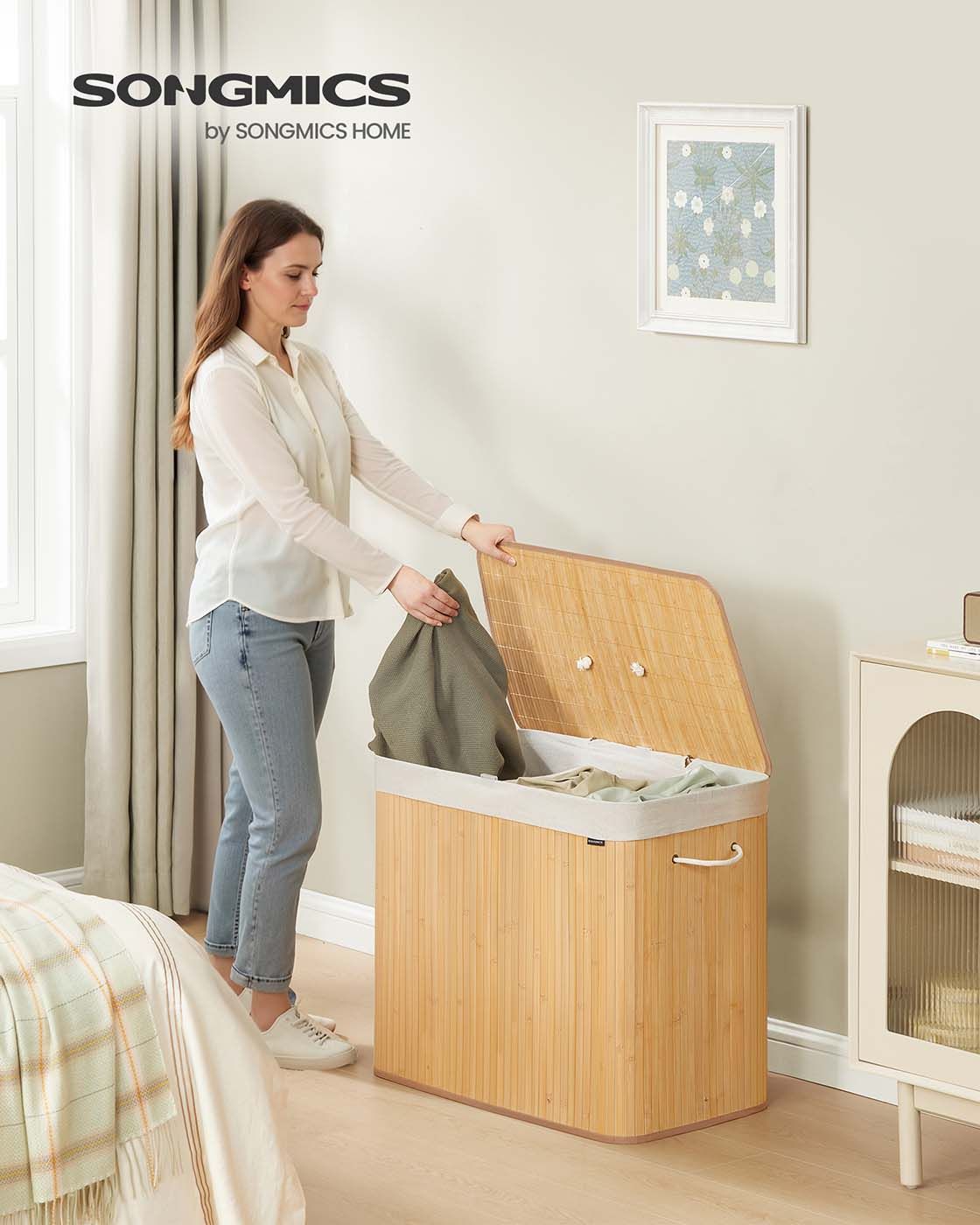 Wäschekorb mit 3 Fächern und herausnehmbarem Wäschesack Naturfarben Wäschekorb mit 3 Fächern und herausnehmbarem Wäschesack Naturfarben