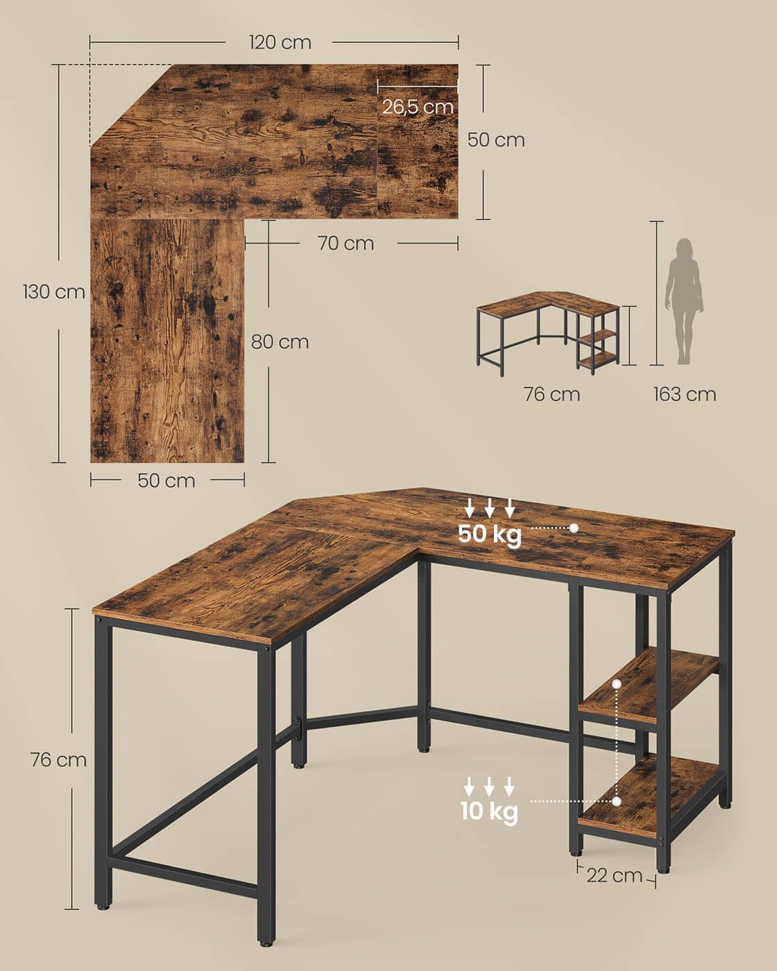 Schreibtisch 120 x 130 x 76 cm mit 2 Ablagen vintagebraun-tintenschwarz Schreibtisch 120 x 130 x 76 cm mit 2 Ablagen vintagebraun-tintenschwarz