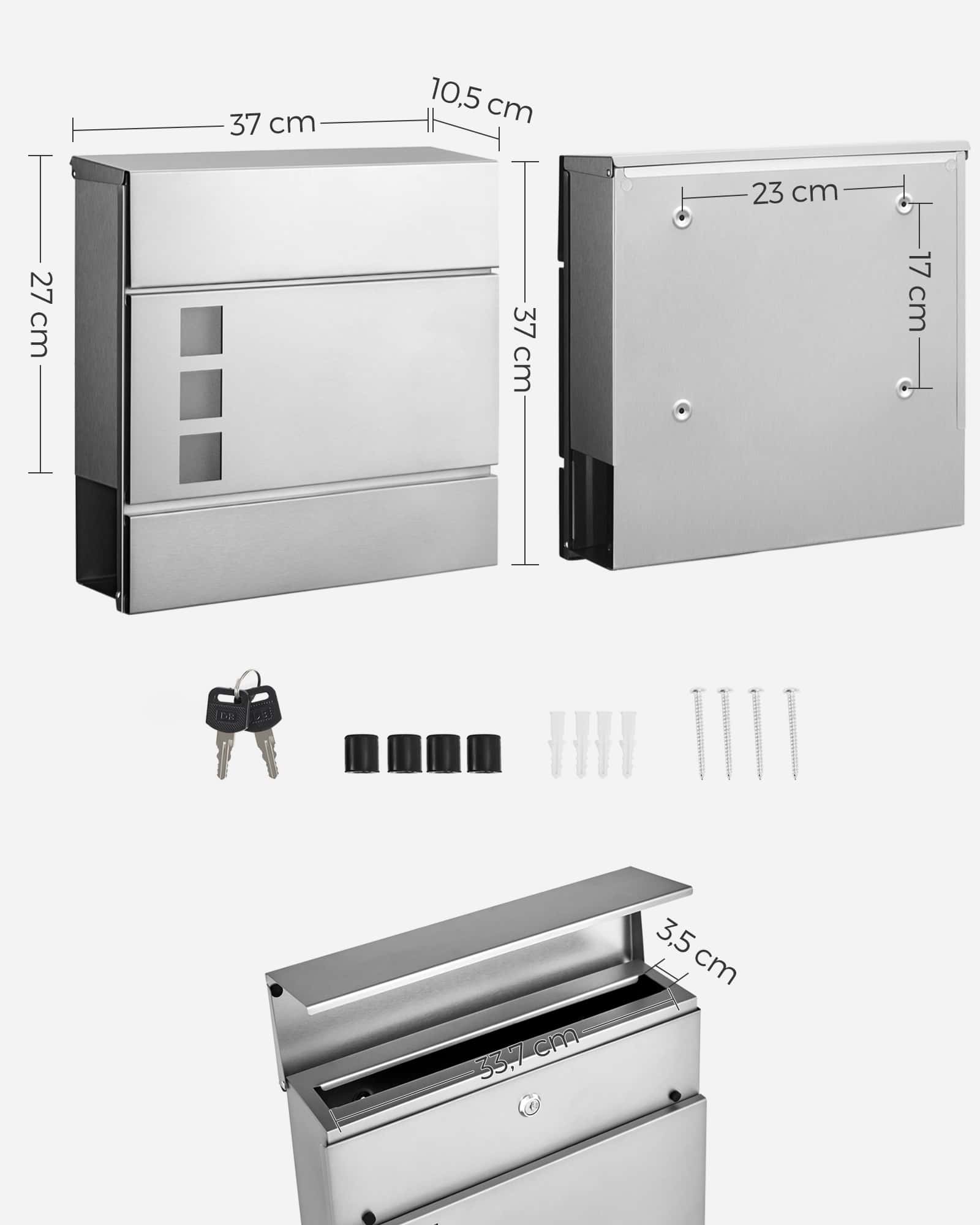 Wandbriefkasten mit Zeitungsfach silbern