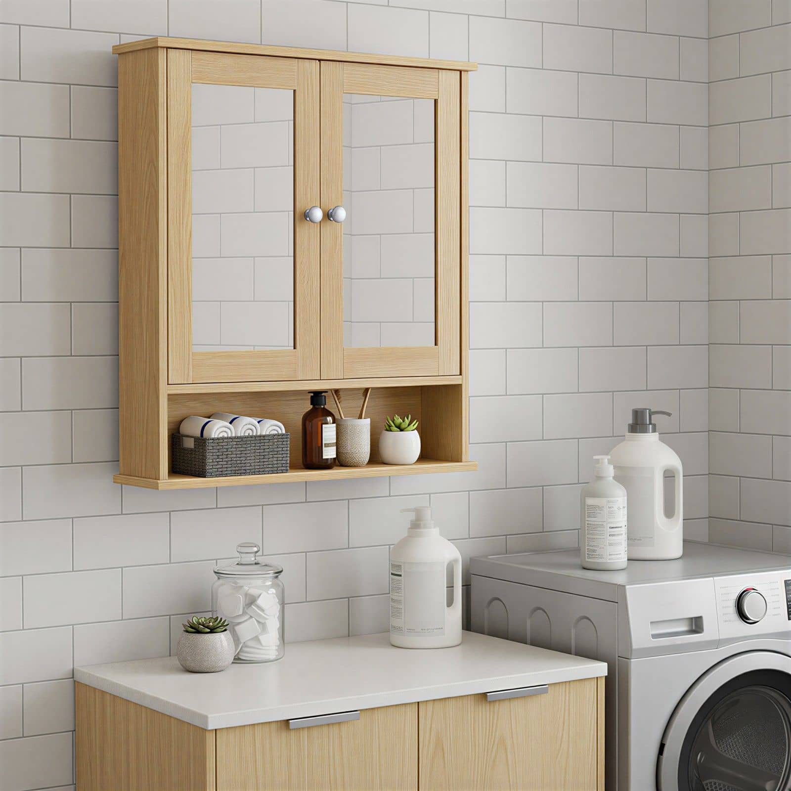 Wandschrank mit Spiegel, Badschrank mit 2 Spiegeltüren und offenem Fach, verstellbare Ablage