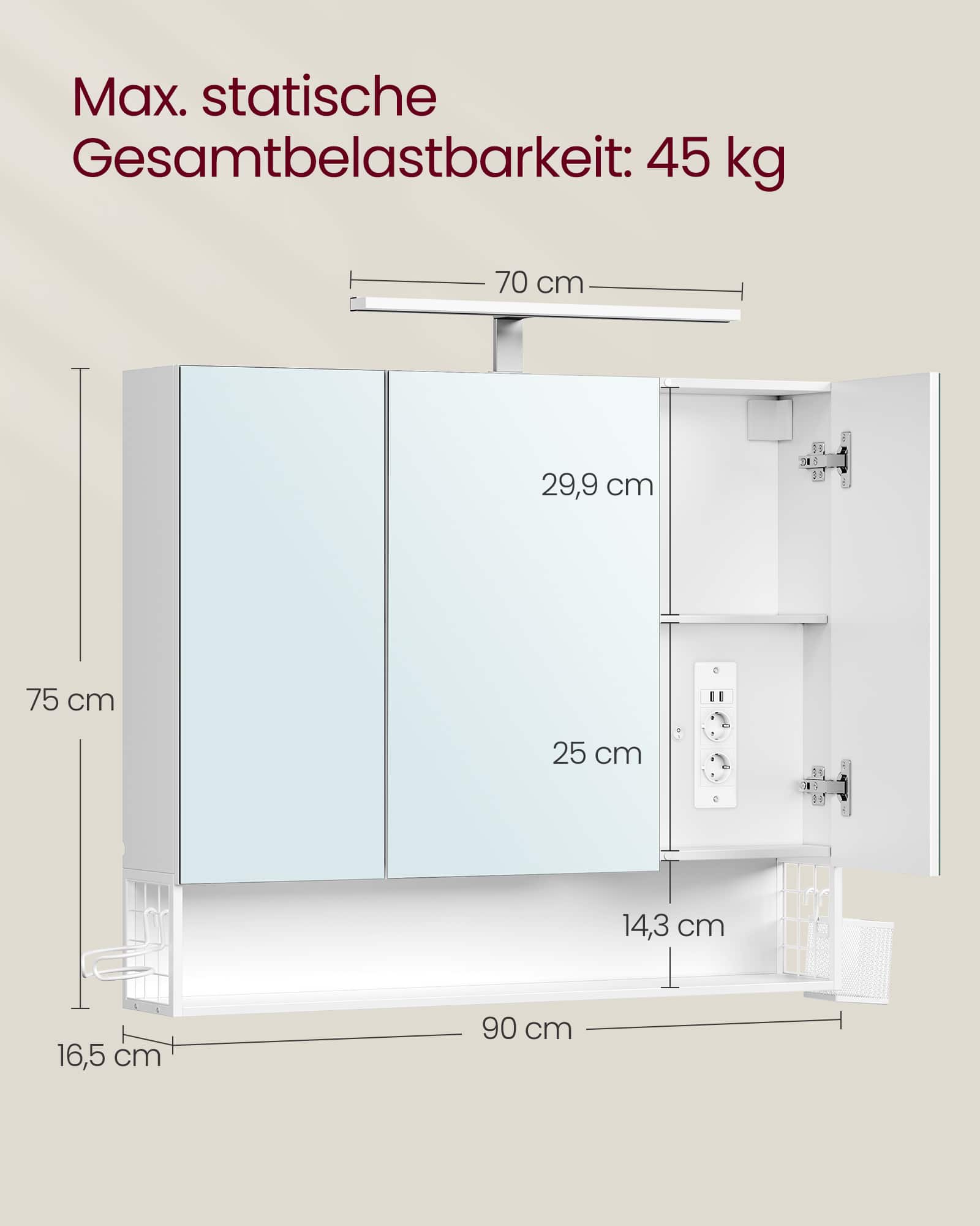 Badezimmerschrank mit 3 Türen 16,5 x 90 x 75 cm wolkenweiß Badezimmerschrank mit 3 Türen 16,5 x 90 x 75 cm wolkenweiß