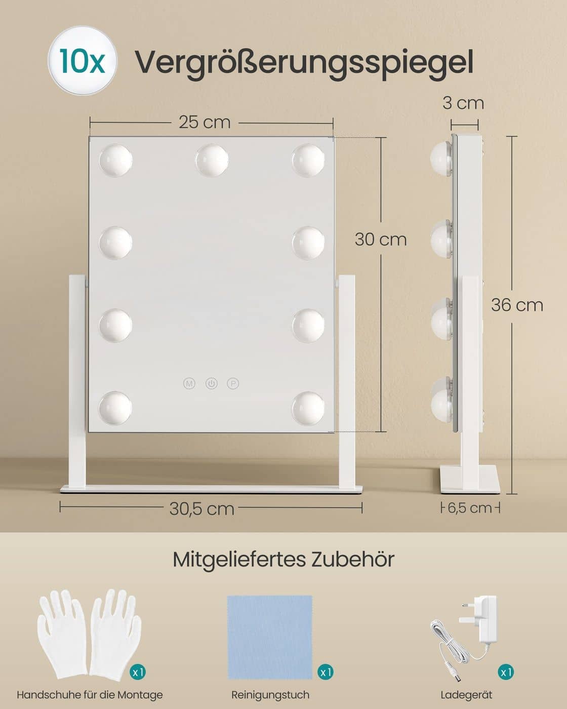 Schminkspiegel mit Beleuchtung und 9 LED-Glühbirnen mattweiß