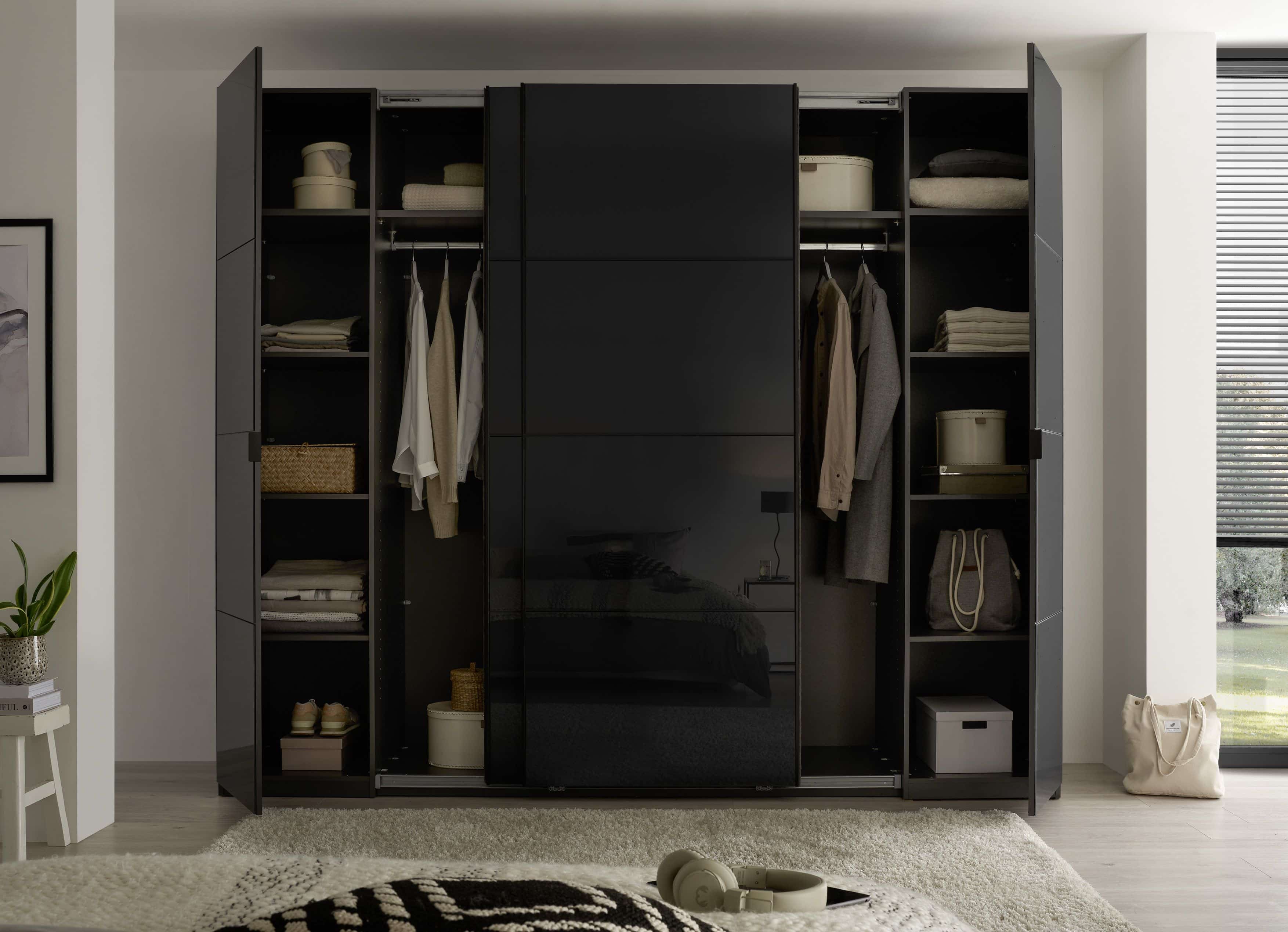 Mufo Kleiderschrank - graphit – moderner Schwebetüren-Schrank mit Drehtüren & Glasfront Mufo Kleiderschrank - graphit – moderner Schwebetüren-Schrank mit Drehtüren & Glasfront