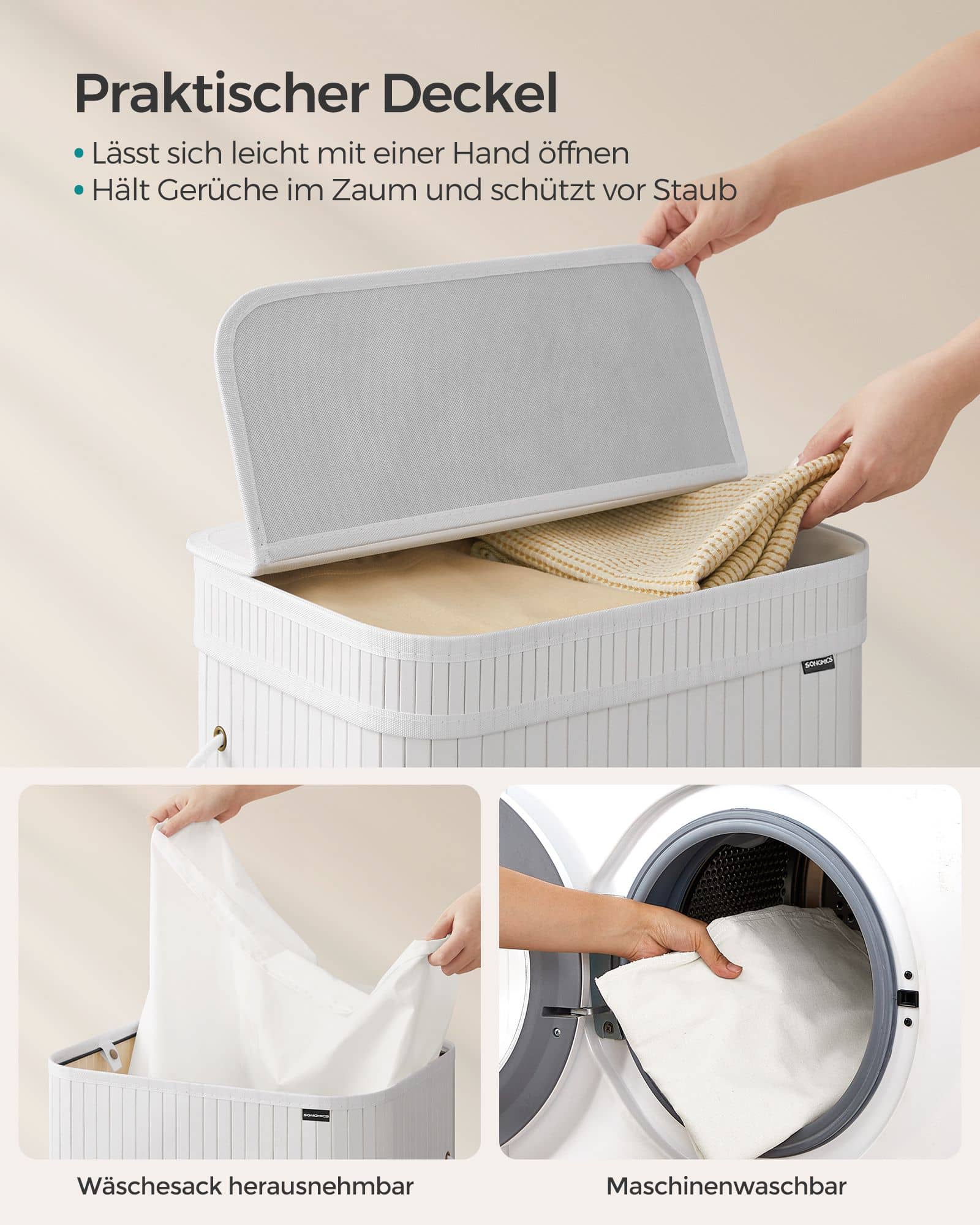 Wäschekorb mit Deckel aus Bambus 72 Liter wolkenweiß Wäschekorb mit Deckel aus Bambus 72 Liter wolkenweiß